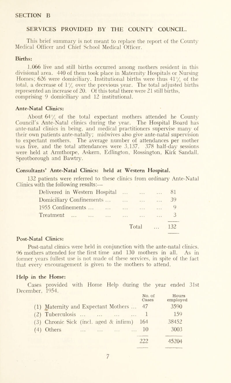 SERVICES PROVIDED BY THE COUNTY COUNCIL. This brief summary is not meant to replace the report of the County Medical Officer and Chief School Medical Officer. Births: 1,066 live and still births occurred among mothers resident in this divisional area. 440 of them took place in Maternity Hospitals or Nursing Homes; 626 were domiciliary. Institutional births were thus 41% of the total, a decrease of 1% over the previous year. The total adjusted births represented an increase of 20. Of this total there were 21 still births, comprising 9 domiciliary and 12 institutional. Ante-Natal Clinics: About 64% of the total expectant mothers attended he County Council’s Ante-Natal clinics during the year. The Hospital Board has ante-natal clinics in being, and medical practitioners supervise many of their own patients ante-natally; midwives also give ante-natal supervision to expectant mothers. The average number of attendances per mother was five, and the total attendances were 3,137. 378 half-day sessions were held at Armthorpe, Askern, Edlington, Rossington, Kirk Sandall, Sprotborough and Bawtry. Consultants’ Ante-Natal Clinics: held at Western Hospital. 132 patients were referred to these clinics from ordinary Ante-Natal Clinics with the following results:— Delivered in Western Hospital ... ... ... 81 Domiciliary Confinements ... ... ... ... 39 1955 Confinements ... ... ... ... ... 9 Treatment ... ... ... ... ... ... 3 Total ... 132 Post-Natal Clinics: Post-natal clinics were held in conjunction with the ante-natal clinics. 96 mothers attended for the first time and 130 mothers in all. As in former years fullest use is not made of these services, in spite of the tact that every encouragement is given to the mothers to attend. Help in the Home: Cases provided with Home Help during the year ended December, 1954. No. of Hours Cases employed (1) Maternity and Expectant Mothers ... 47 3590 (2) Tuberculosis ... 1 159 (3) Chronic Sick (inch aged & infirm) 164 38452 (4) Others 10 3003 222 45204