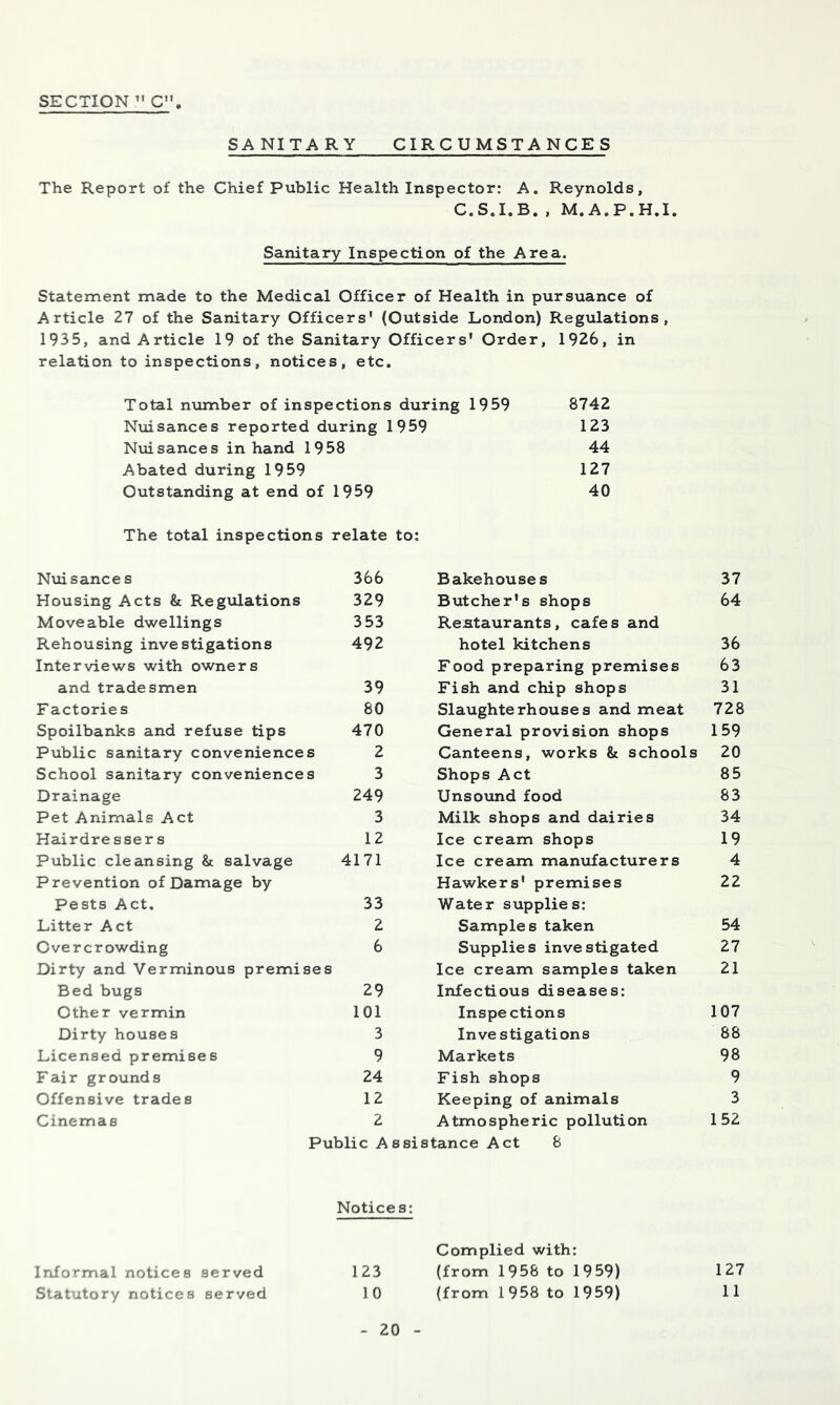 SECTION  C SANITARY CIRCUMSTANCES The Report of the Chief Public Health Inspector: A, Reynolds, C.S.I.B. , M.A.P.H.I. Sanitary Inspection of the Area. Statement made to the Medical Officer of Health in pursuance of Article 27 of the Sanitary Officers' (Outside London) Regulations, 1935, and Article 19 of the Sanitary Officers' Order, 1926, in relation to inspections, notices, etc. Total number of inspections during 1959 Nmsances reported during 1959 Nuisances in hand 1958 Abated during 1959 Outstanding at end of 1959 The total inspections relate to: Nmsance s 366 Bakehouses 37 Housing Acts & Regulations 329 Butcher's shops 64 Moveable dwellings 353 Restaurants, cafes and Rehousing investigations 492 hotel kitchens 36 Interviews with owners Food preparing premises 63 and tradesmen 39 Fish and chip shops 31 F actories 80 Slaughterhouses and meat 728 Spoilbanks and refuse tips 470 General provision shops 159 Public sanitary conveniences 2 Canteens, works & schools 20 School sanitary conveniences 3 Shops Act 85 Drainage 249 Unsound food 83 Pet Animals Act 3 Milk shops and dairies 34 Hairdre sser s 12 Ice cream shops 19 Public cleansing & salvage 4171 Ice cream manufacturers 4 Prevention of Damage by Hawkers' premises 22 Pests Act. 33 Water supplies: Litter Act 2 Samples taken 54 Overcrowding 6 Supplies investigated 27 Dirty and Verminous premises Ice cream samples taken 21 Bed bugs 29 Infectious diseases: Other vermin 101 Inspecti ons 107 Dirty houses 3 Investigations 88 Licensed premises 9 Markets 98 Fair grounds 24 Fish shops 9 Offensive trades 12 Keeping of animals 3 Cinemas 2 Atmospheric pollution 152 Public Assistance Act 8 Notice s: Complied with: Informal notices served 123 (from 1958 to 1959) 127 Statutory notices served 10 (from 1958 to 1959) 11 - 20 - 8742 123 44 127 40