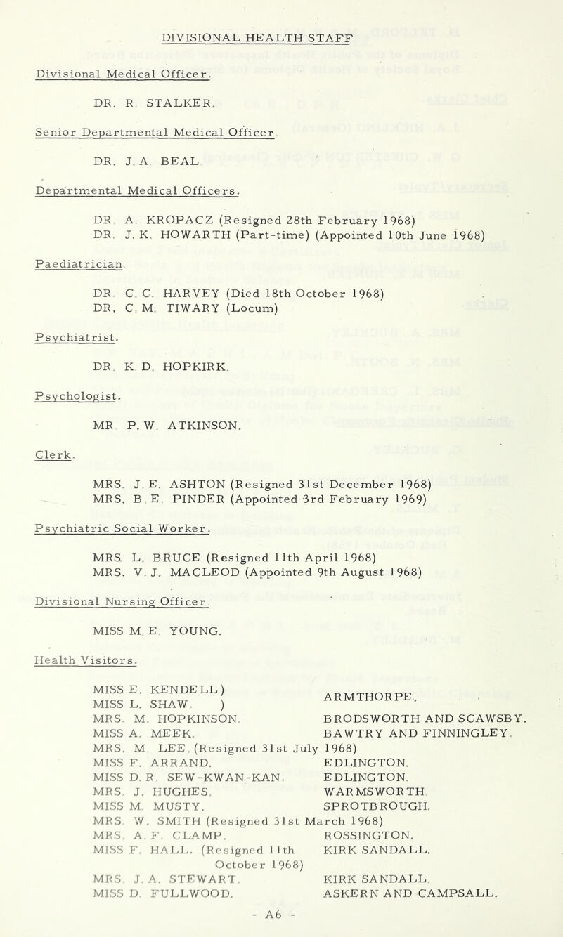 DIVISIONAL HEALTH STAFF Divisional Medical Officer. DR. R. STALKER. Senior Departmental Medical Officer DR. LA. BEAL,, Departmental Medical Officers. DR, A. KROPACZ (Resigned 28th February 1968) DR. J. K, HOWARTH (Part-time) (Appointed 10th June 1968) Paediatrician. DR C. C. HARVEY (Died I8th October 1968) DR, C M, TIWARY (Locum) Psychiatrist. DR K D, HOPKIRK Psychologist. MR P. W. ATKINSON. Clerk. MRS. J, E. ASHTON (Resigned 3Ist December 1968) MRS. B,E, PINDER (Appointed 3rd February 1969) Psychiatric Social Worker. MRS. L, BRUCE (Resigned Ilth April 1968) MRS. V.J. MACLEOD (Appointed 9th August 1968) Divisional Nursing Officer MISS M E. YOUNG. Health Visitors. MISS E. KENDELL) MISS L. SHAW. ) MRS. M. HOPKINSON. MISS A. MEEK, MRS. M LEE (Resigned 31st MISS F. ARRAND. MISS D. R SEW-KWAN-KAN MRS J. HUGHES, MISS M MUSTY. MRS W. SMITH (Resigned 31st MRS A. F CLAMP. MISS F. HALIj. (Resigned 11th October 1968) MRS J.A. STEWART. MISS D. FULLWOOD. ARMTHORPE,. BRODSWORTH AND SCAWSBY. BAWTRY AND FINNINGLEY. 1968) EDLINGTON, EDDINGTON. WAR MS WORTH,. SPROTBROUGH. irch 1968) ROSSINGTON. KIRK SANDALL. KIRK SANDALL. ASKERN AND CAMPSALL,