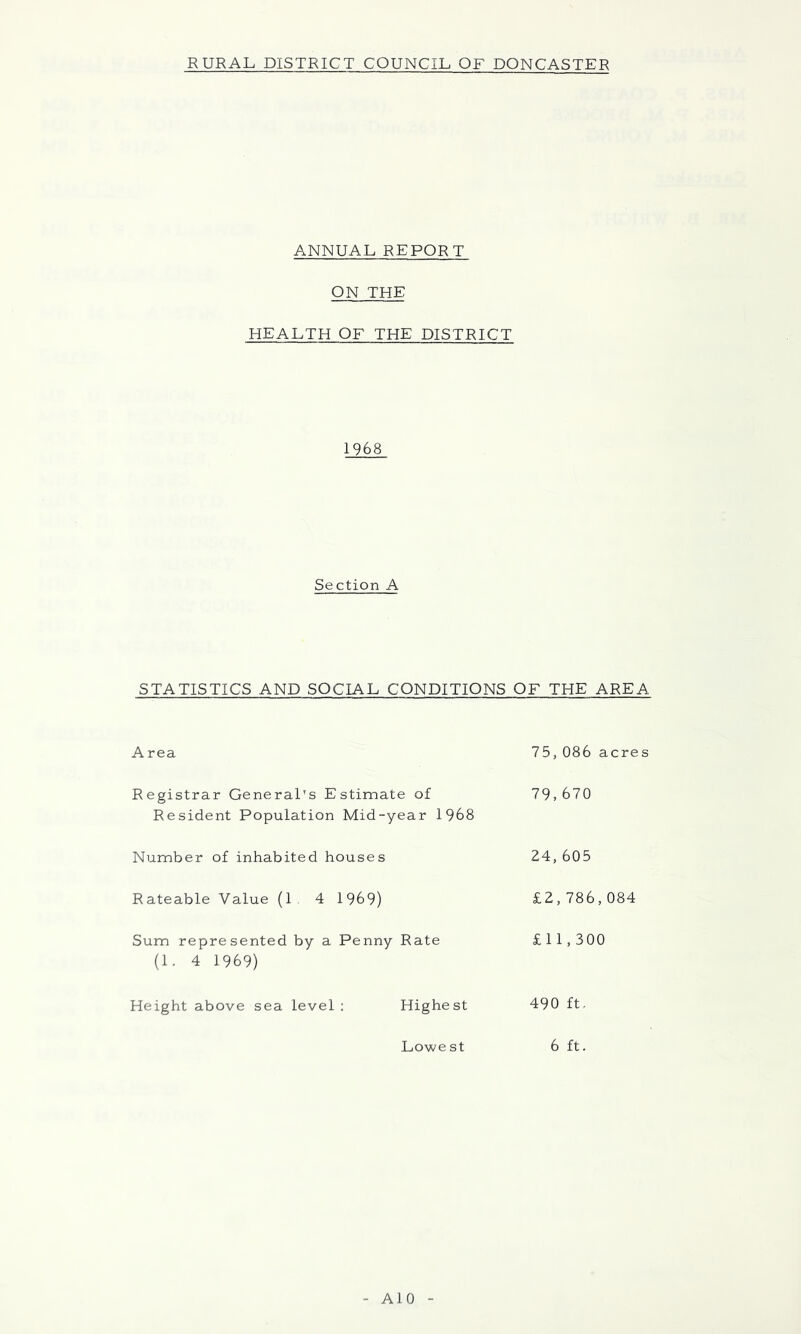 RURAL DISTRICT COUNCIL OF DONCASTER ANNUAL REPORT ON THE HEALTH OF THE DISTRICT 1968 Section A STATISTICS AND SOCIAL CONDITIONS OF THE AREA A rea 75,086 acres Registrar General's Estimate of Resident Population Mid-year 1968 79,670 Number of inhabited houses 24,605 Rateable Value (1 4 1969) £2,786,084 Sum represented by a Penny (1. 4 1969) Rate £11,300 Height above sea level; Highe St 490 ft. Lowe St 6 ft. AlO