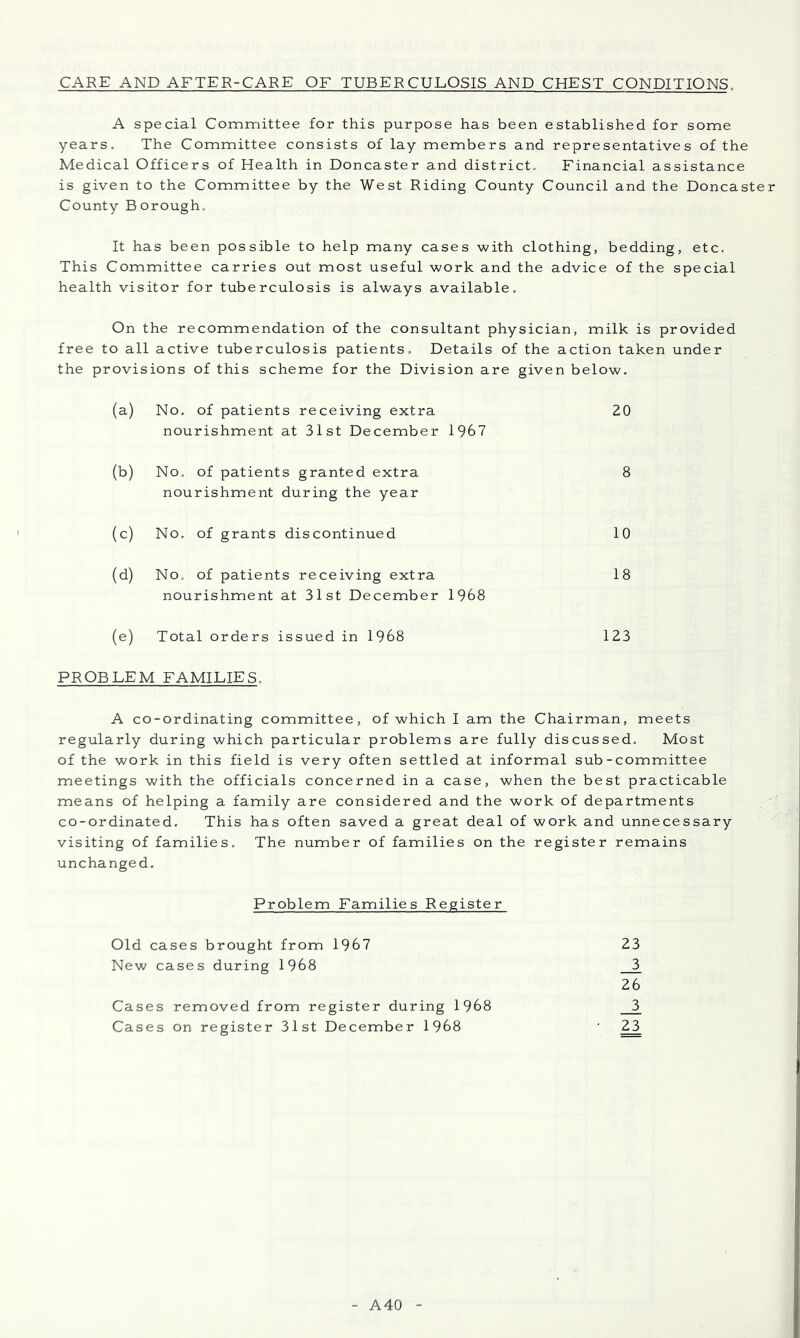 CARE AND AFTER-CARE OF TUBERCULOSIS AND CHEST CONDITIONS. A special Committee for this purpose has been established for some years- The Committee consists of lay members and representatives of the Medical Officers of Health in Doncaster and district. Financial assistance is given to the Committee by the West Riding County Council and the Doncaster County Borough. It has been possible to help many cases with clothing, bedding, etc. This Committee carries out most useful work and the advice of the special health visitor for tuberculosis is always available. On the recommendation of the consultant physician, milk is provided free to all active tuberculosis patients. Details of the action taken under the provisions of this scheme for the Division are given below. (a) No. of patients receiving extra nourishment at 31st December 1967 20 (b) No. of patients granted extra nourishment during the year 8 (c) No. of grants discontinued 10 (d) No. of patients receiving extra nourishment at 31st December 1968 18 (e) Total orders issued in 1968 123 PROBLEM FAMILIES, A co-ordinating committee, of which I am the Chairman, meets regularly during which particular problems are fully discussed. Most of the work in this field is very often settled at informal sub-committee meetings with the officials concerned in a case, when the best practicable means of helping a family are considered and the work of departments co-ordinated. This has often saved a great deal of work and unnecessary visiting of families. The number of families on the register remains unchanged. Problem Families Register Old cases brought from 1967 23 New cases during 1968 __3 26 Cases removed from register during 1968 Cases on register 31st December 1968 ‘ 23 A40