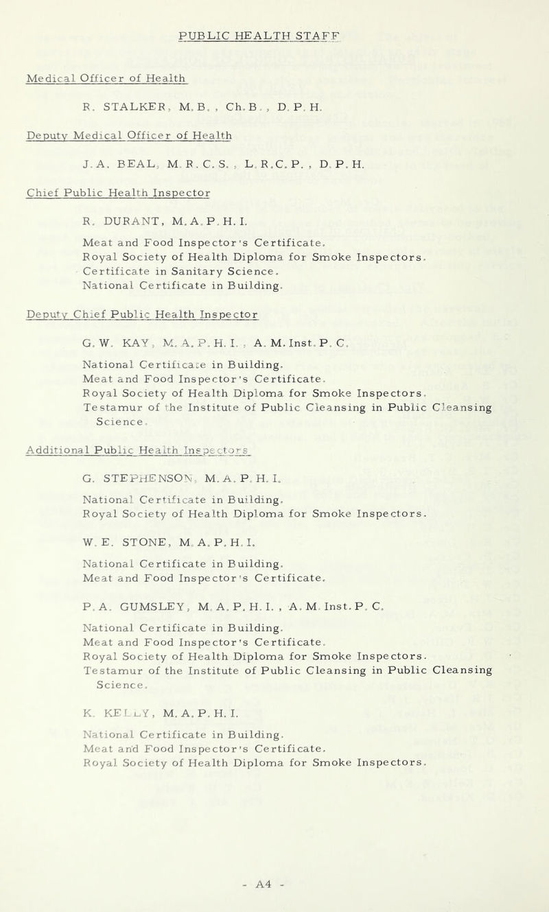 Medical Officer of Health R, STALKER., M, B., Ch, B«, D. P, H, Deputy Medical Officer of Health J. A, BEAL, M,. R , C. S, , L, R,C. P. , D. P, H. Chief Public Health Inspector R, DURANT, M,A,P.H, L Meat and Food Inspector’s Certificate. Royal Society of Health Diploma for Smoke Inspectors. Certificate in Sanitary Science. National Certificate in Building. Deputy Chief Public Health Inspector G. W. KAY, M. A. P„H, L, A. M. Inst. P. C. National Certificate in Building. Meat and Food Inspector’s Certificate. Royal Society of Health Diploma for Smoke Inspectors. Testamur of the Institute of Public Cleansing in Public Cleansing Science. Additional Public Health Inspectors G. STEPHENSON, M.A.P. H. I. National Certificate in Building, Royal Society of Health Diploma for Smoke Inspectors, W. E. STONE, M. A. P, H.I, National Certificate in Building. Meat and Food Inspector's Certificate. P.A. GUMSLEY, M. A. P. H. 1. , A, M. Inst. P, C. National Certificate in Building. Meat and Food Inspector's Certificate. Royal Society of Health Diploma for Smoke Inspectors. Testamur of the Institute of Public Cleansing in Public Cleansing Science, K. KEI uY , M. A.P. H. 1. National Certificate in Building, Meat and Food Inspector's Certificate, Royal Society of Health Diploma for Smoke Inspectors, A4
