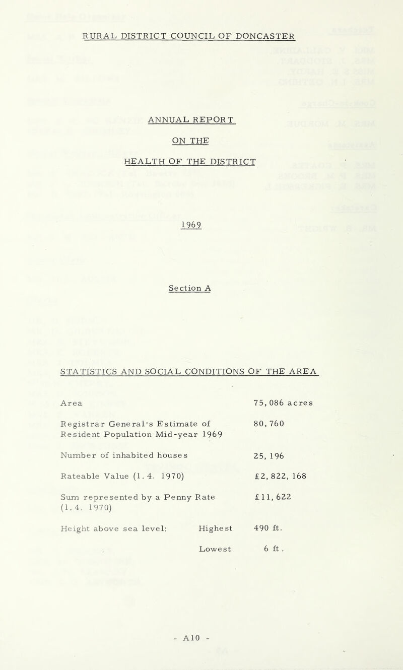 RURAL DISTRICT COUNCIL OF DONCASTER ANNUAL REPORT ON THE HEALTH OF THE DISTRICT 1969 Section A STATISTICS AND SOCIAL CONDITIONS OF THE AREA Area 75,086 acres Registrar General's Estimate Resident Population Mid-year of 1969 80,760 Number of inhabited houses 25, 196 Rateable Value (1,4. 1970) £2,822,168 Sum represented by a Penny Rate (1.4. 1970) £11, 622 Height above sea level: Highe st 490 ft. Lowest 6 ft . AlO