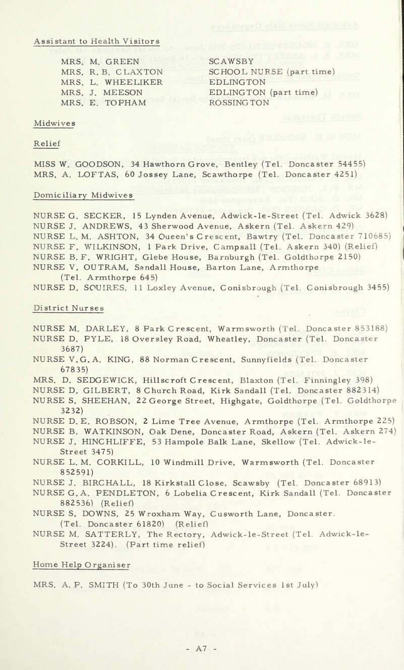 Assistant to Health Visitors MRS. J. MEESON MRS. E. TOPHAM MRS. M. GREEN MRS. R. B. CLAXTON MRS. L. WHEELIKER SCAWSBY SCHOOL NURSE (part time) EDLINGTON EDLINGTON (part time) ROSSINGTON Midwives Relief MISS W. GOODSON, 34 Hawthorn Grove, Bentley (Tel. Doncaster 54455) MRS, A. LOFTAS, 60 Jossey Lane, Scawthorpe (Tel. Doncaster 4251) Domiciliary Midwives NURSE G. SECKER, 15 Lynden Avenae, Adwick-le-Street (Tel. Adwick 3628) NURSE J. ANDREWS, 43 Sherwood Avenue, Askern (Tel. Askern 429) NURSE L. M. ASHTON, 34 Oueen's C re sc ent, Bawtry (Tel. Doncaster 710685) NURSE F. WILKINSON, 1 Park Drive, Campsall (Tel. Askern 340) (Relief) NURSE B, F. WRIGHT, Glebe House, Barnburgh (Tel. Goldthorpe 2150) NURSE V, OUTRAM, Sandall House, Barton Lane, Armthorpe (Tel. Armthorpe 645) NURSE D, SOUIRES, 11 Loxley Avenue, Conisbrough (Tel. Conisbrough 3455) District Nurses NURSE M, DARLEY, 8 Park C rescent, Warmsworth (Tel. Doncaster 853188) NURSE D. PYLE, 18 Oversley Road, Wheatley, Doncaster (Tel, Doncaster 3687) NURSE V.G.A. KING, 88 Norman C re scent, Sunnyfields (Tel. Doncaster 67835) MRS. D. SEDGEWICK, Hillscroft C rescent, Blaxton(Tel. Finningley 398) NURSE D. GILBERT, 8 Church Road, Kirk Sandall (Tel. Doncaster 882314) NURSES. SHEEHAN, 2 2 George Street, Highgate, Goldthorpe (Tel. Goldthorpe 3232) NURSE D. E. ROBSON, 2 Lime Tree Avenue, Armthorpe (Tel. Armthorpe 225) NURSE B. WATKINSON, Oak Dene, Doncaster Road, Askern (Tel. Askern 274) NURSE J, HINCHLIFFE, 53 Hampole Balk Lane, Skellow (Tel. Adwick-le- Street 347 5) NURSE L, M, CORKILL, 10 Windmill Drive, Warmsworth (Tel. Doncaster 852591) NURSE J. BIRCHALL, 18 Kirkstall Close, Scawsby (Tel. Doncaster 68913) NURSE G. A, PENDLETON, 6 Lobelia C re sc ent, Kirk Sandall (Tel. Doncaster 882536) (Relief) NURSE S. DOWNS, 25 Wroxham Way, Cusworth Lane, Doncaster. (Tel. Doncaster 61820) (Relief) NURSE M. SATTERLY, The Rectory, Adwick-le-Street (Tel. Adwick-le- Street 3224). (Part time relief) Home Help Organiser MRS. A. P. SMITH (To 30th June - to Social Services 1st July) A7
