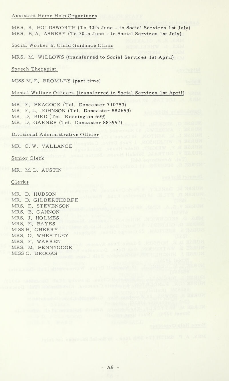 Assistant Home Help Organisers MRS. R, HOLDSWORTH (To 30th June - to Social Services 1st July) MRS. B. A, ASBERY (To 30th June - to Social Services 1st July) Social Worker at Child Guidance Clinic MRS. M. WILIjOWS (transferred to Social Services 1st April) Speech Therapist MISS M. E. BROMLEY (part time) Mental Welfare Officers (transferred to Social Services 1st April) MR. F. PEACOCK (TeL Doncaster 710753) MR. F. L. JOHNSON (Tel. Doncaster 882659) MR. D. BIRD (Tel, Rossington 609) MR. D. GARNER (Tel. Doncaster 883997) Divisional Administrative Officer MR, C.W. VALLANCE Senior Clerk MR. M. L. AUSTIN Clerks MR. D. HUDSON MR. D. GILBERTHORPE MRS. E. STEVENSON MRS. B, CANNON MRS. J. HOLMES MRS. E. BAYES MISS H. CHERRY MRS. O. WHEATLEY MRS. F. WARREN MRS. M. PENNYCOOK MISSC. BROOKS A8