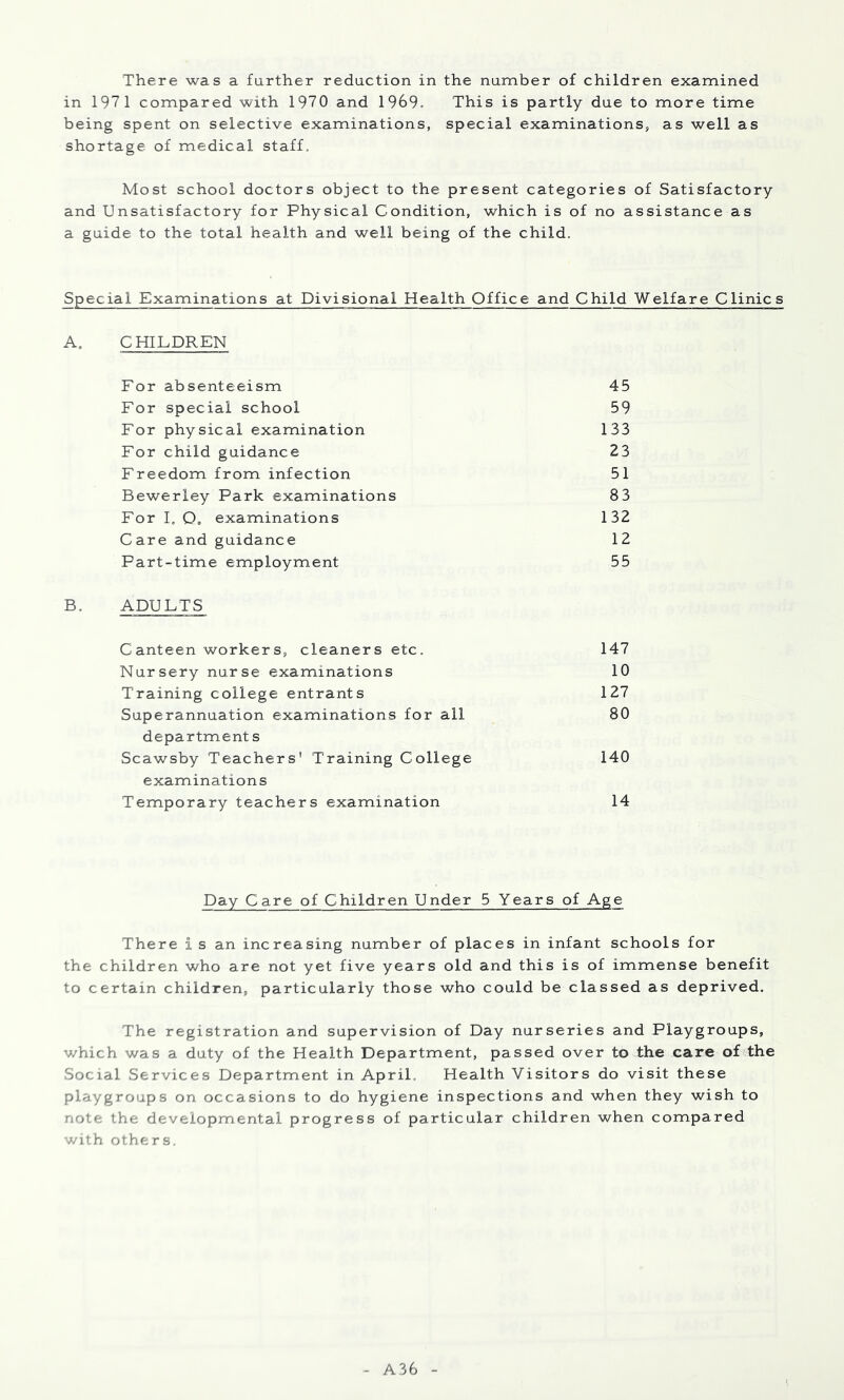 There was a further reduction in the number of children examined in 197 1 compared with 1970 and 1969. This is partly due to more time being spent on selective examinations, special examinations, as well as shortage of medical staff. Most school doctors object to the present categories of Satisfactory and Unsatisfactory for Physical Condition, which is of no assistance as a guide to the total health and well being of the child. Special Examinations at Divisional Health Office and Child Welfare Clinics A, CHILDREN For absenteeism 45 For special school 59 For physical examination 133 For child guidance 23 Freedom from infection 51 Bewerley Park examinations 8 3 For L O, examinations 132 Care and guidance 12 Part-time employment 55 B. ADULTS C anteen worker s, cleaners etc. 147 Nursery nurse examinations 10 Training college entrants 127 Superannuation examinations for all 80 departments Scawsby Teachers' Training College 140 examinations Temporary teachers examination 14 Day Care of Children Under 5 Years of Age There i s an increasing number of places in infant schools for the children who are not yet five years old and this is of immense benefit to certain children, particularly those who could be classed as deprived. The registration and supervision of Day nurseries and Playgroups, which was a duty of the Health Department, passed over to the care of the Social Services Department in April. Health Visitors do visit these playgroups on occasions to do hygiene inspections and when they wish to note the developmental progress of particular children when compared with others. A36