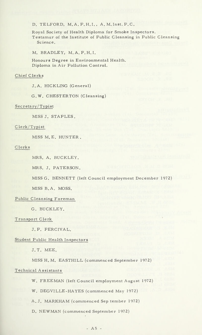 D. TELFORD, M.A.P.H.L, A. M. Inst. P. C . Royal Society of Health Diploma for Smoke Inspectors, Testamur of the Institute of Public Cleansing in Public Cleansing Science, M. BRADLEY, M.A.P.H.L Honours Degree in Environmental Health, Diploma in Air Pollution Control, Chief Clerks J.A. HICKLING (General) G.W. CHESTERTON (Cleansing) Secretary/ Typist MISS J. STAPLES. Clerk/Typist MISS M. E. HUNTER . C lerks MRS. A. BUCKLEY. MRS. J. PATERSON. MISS G. BENNETT (left Council employment December 1972) MISS B.A. MOSS. Public Cleansing Foreman G. BUCKLEY. Transport Clerk J.P. PERCIVAL. Student Public Health Inspectors J.T. MEE. MISS H. M. EASTHILL (commenced September 1972) Technical Assistants W. FREEMAN (left Council employment August 1972) W. DEGVILLE-HAYES (commenced May 1972) A. J. MARKHAM (commenced Sep tember 1972) D. NEWMAN (commenced September 1972) A5