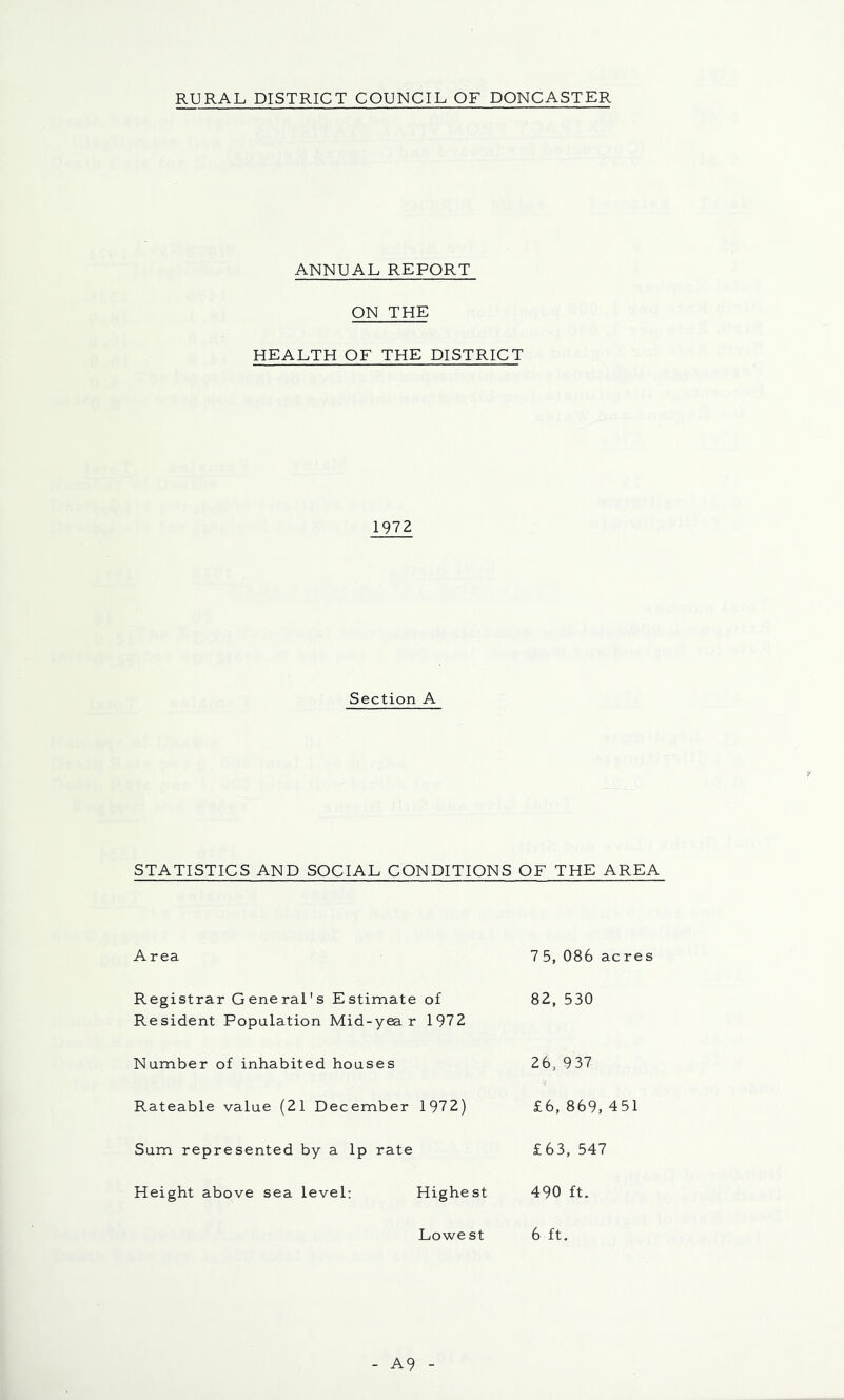 ANNUAL REPORT ON THE HEALTH OF THE DISTRICT 1972 Section A STATISTICS AND SOCIAL CONDITIONS OF THE AREA Area 7 5, 086 acres Registrar General's Estimate Resident Population Mid-year of 1972 82, 530 Number of inhabited houses 26, 937 Rateable value (21 December 1972) £6, 869, 451 Sum represented by a Ip rate £63, 547 Height above sea level: Highe St 490 ft. Lowe St 6 ft. - A9