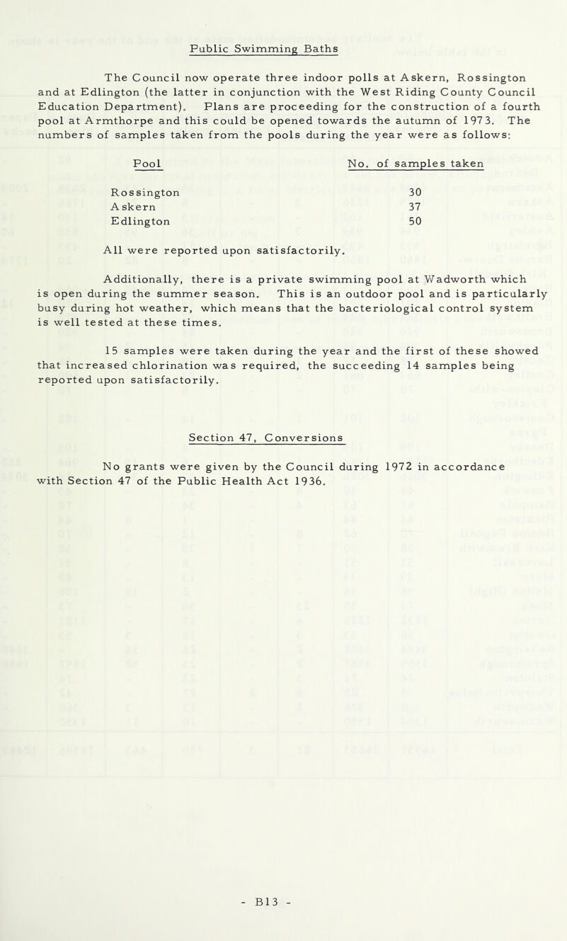 Public Swimming Baths The Council now operate three indoor polls at Askern, Rossington and at Edlington (the latter in conjunction with the West Riding County Council Education Department). Plans are proceeding for the construction of a fourth pool at Armthorpe and this could be opened towards the autumn of 197 3, The numbers of samples taken from the pools during the year were as follows; Pool No, of samples taken Rossington 30 Askern 37 Edlington 50 All were reported upon satisfactorily. Additionally, there is a private swimming pool at V/adworth which is open during the summer season. This is an outdoor pool and is particularly busy during hot weather, which means that the bacteriological control system is well tested at these times, 15 samples were taken during the year and the first of these showed that increased chlorination was required, the succeeding 14 samples being reported upon satisfactorily. Section 47, Conversions No grants were given by the Council during 1972 in accordance with Section 47 of the Public Health Act 1936, B13