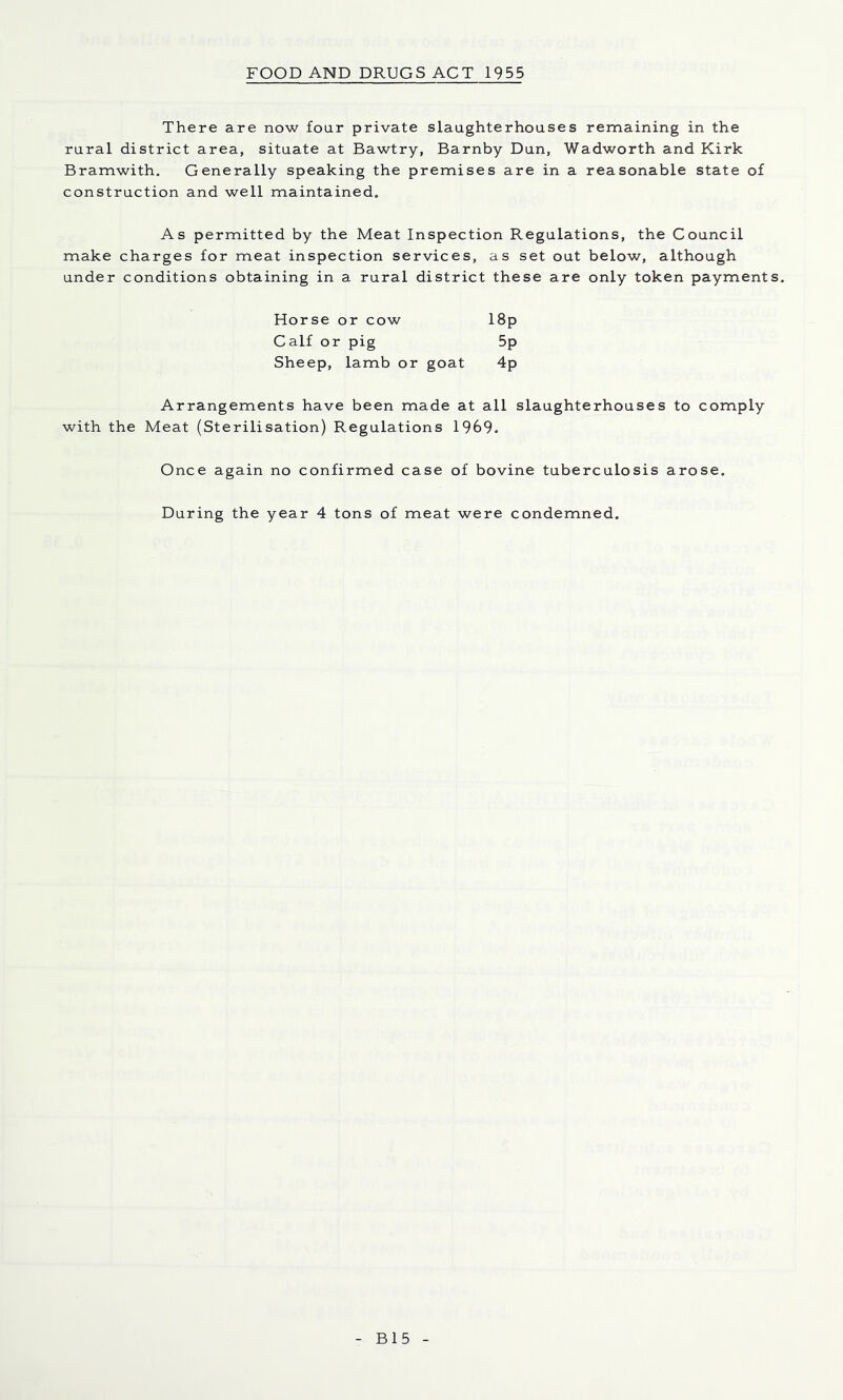 FOOD AND DRUGS ACT 1955 There are now four private slaughterhouses remaining in the rural district area, situate at Bawtry, Barnby Dun, Wadworth and Kirk Bramwith. Generally speaking the premises are in a reasonable state of construction and well maintained. As permitted by the Meat Inspection Regulations, the Council make charges for meat inspection services, as set out below, although under conditions obtaining in a rural district these are only token payments. Horse or cow 18p Calf or pig 5p Sheep, lamb or goat 4p Arrangements have been made at all slaughterhouses to comply with the Meat (Sterilisation) Regulations 1969. Once again no confirmed case of bovine tuberculosis arose. During the year 4 tons of meat were condemned. B15