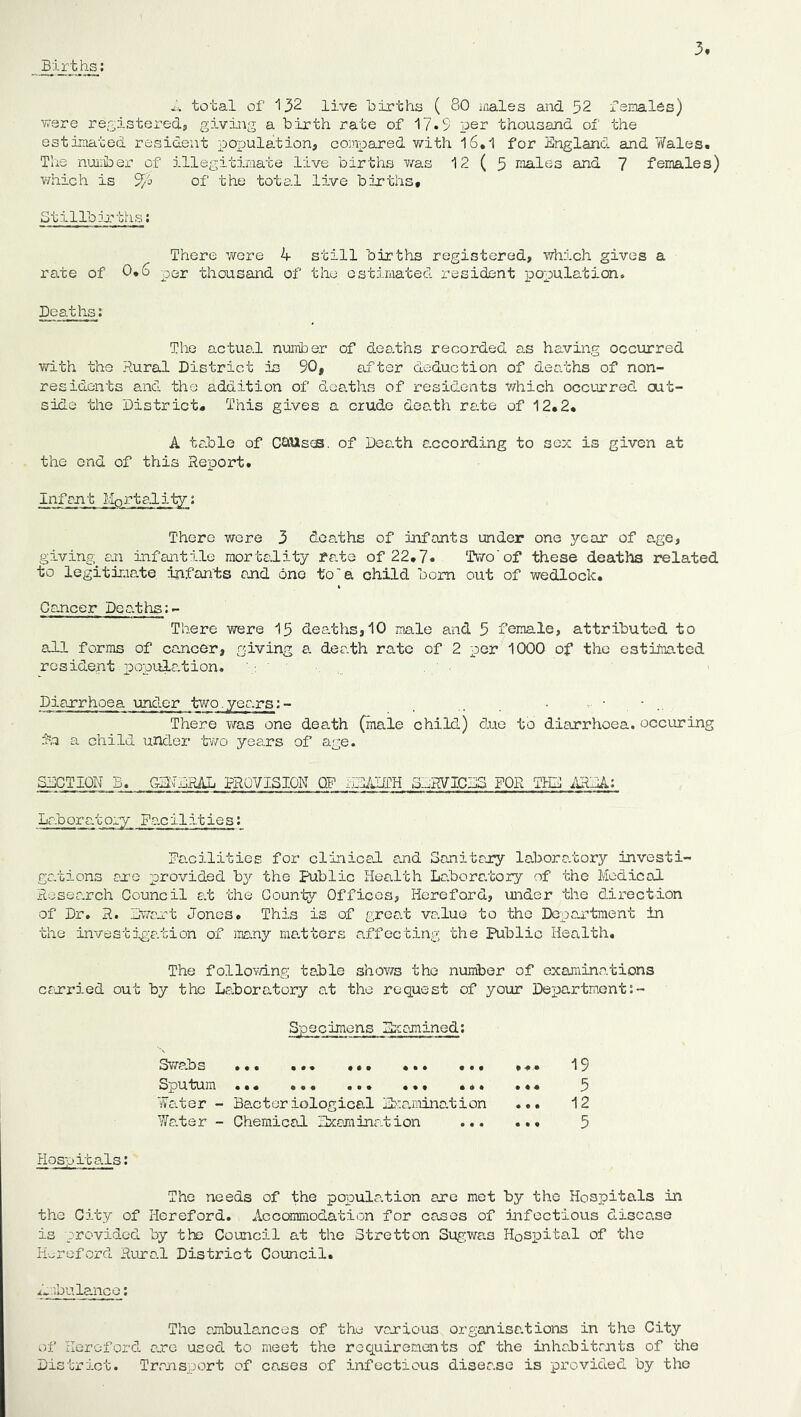 total of 132 live births ( 80 males and 52 feinales) were registered^ giving a birth rate of 17.S per thousand of the estimated resident population, compared v/ith l6,i for England and T/ales. The nuriber of illegitimate live births wa.s 12(5 males and 7 females) which is 9/0 of the total live births. Stillbirths: There were 4 still births registered, vdiich gives a rate of 0,6 per thousand of the estimated resident x^opulation. Deaths; The actual nuiriber of deaths recorded as having occurred vd-th the Rural District is 90, after deduction of deaths of non- residents and the addition of deaths of residents Which occurred out- side the District. This gives a crude death rate of 12,2. A table of C^Uscb. of Death according to sex is given at the end of this Report. Infsnt llortalily; There were 3 dca.ths of infants under one year of age, giving an infantile raortedity rate of 22,7. Two'of these deaths related to legitinmte infants and ono to'a child bom out of wedlock. Cancer Deaths;- There were I5 deaths,10 male and 5 female, attributed to all forms of cancer, giving a death rate of 2 per 1000 of the ostiraated resident population. Diarrhoea under two.yea.rs;- There was one death (male child) due to diarrhoea, occuring a child under -tv/o years of age. SECTION B. GD.^DRAL PROVISION OF IDIALTH 3_.H7ICES FOR THE MJAi Laboratory Fanil it ies;_ Fa.ciliticE for clinical and Sanitary laboratory investi- gations are provided by the public Health Laboratory of the Medical Research Council at the County Offices, Hereford, under the direction of Dr, R. LVart Jones. This is of groat value to the Department in the investigation of juany matters affecting the Public Health. The follomng table shows tho number of oxojiiinations carried out by tho Laboro.tory at tho request of your Dexjartment:- Specimens Ttco-mined; Swabs ... ... .«. 19 Sputum ... ... .•• 5 ■Jater - Bactoriological iir.mination ... 12 TTater - Chemical Examination ... ... 5 Hospitals; Tho needs of the popula.tion are met by the Hospitals in the City of Hereford. Accommodation for cones of Infectious disease is provided by tte Council at the Stretton Sugwas HoSiDital of the Hurefci’d Rural District Council. Ibulanco: The ambulances of the various organisa.tions in the City of fleroford arc usod to meet the requirements of the inhabitants of the District. Transport of cases of infectious disease is provided by tho