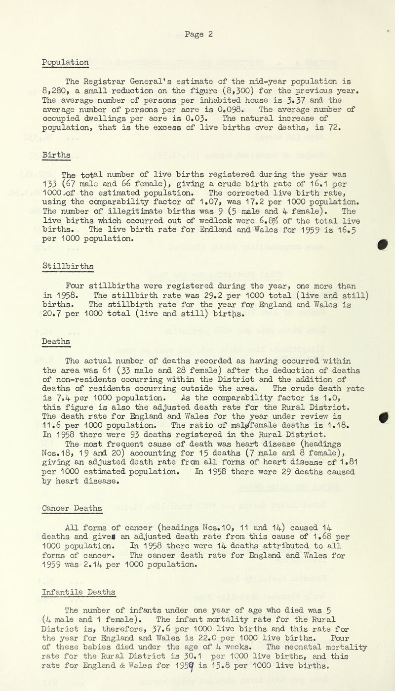 Population The Registrar General’s estimate of the mid-year population is 8,280, a small reduction on the figure (8,300) for the previous year. The average number of persons per inhabited house is 3*37 and the average number of persons per acre is 0,098. The average number of occupied dwellings per acre is 0.03. The natural increase of population, that is the excess of live births ever deaths, is 72. Births The total number of live births registered during the year was 133 (67 male and 66 female), giving a crude birth rate of l6.1 per 1000^of the estimated population. The corrected live birth rate, using the comparability factor of 1.07, was 17*2 per 1000 population. The number of illegitimate births was 9 (5 male and 4 female). The live births which occurred out of wedlock were 6.8$ of the total live births. The live birth rate for Endland and Wales for 1959 is 16*5 per 1000 population. Stillbirths Pour stillbirths were registered during the year, one more than in 1958. The stillbirth rate was 29*2 per 1000 total (live and still) births. The stillbirth rate for the year for England and Y/ales is 20,7 per 1000 total (live and still) births. Deaths The actual number of deaths recorded as having occurred within the area was 6l (33 male and 28 female) after the deduction of deaths of non-residents occurring within the District and the addition of deaths of residents occurring outside the area. The crude death rate is 7.4 per 1000 population. As the comparability factor is 1.0, this figure is also the adjusted death rate for the Rural District. The death rate for England and Wades for the year under review is 11.6 per 1000 population. The ratio of malj/female deaths is 1.18. In 1958 there were 93 deaths registered in the Rural District. The most frequent cause of death was heart disease (headings Nos. 18, 19 and 20) accounting for 15 deaths (7 male and 8 female), giving an adjusted death rate from all forms of heart disease of 1.81 per 1000 estimated population. In 1958 there were 29 deaths caused by heart disease. Cancer Deaths All forms of cancer (headings Nos.10, 11 and 14) caused 14 deaths and gives an adjusted death rate from this cause of 1.68 per 1000 population. In 1958 there were 14 deaths attributed to all forms of cancer. The cancer death rate for England and Wales for 1959 was 2.14 per 1000 population. Infantile Deaths The number of infants under one year of age who died was 5 (4 male and 1 female). The infant mortality rate for the Rural District is, therefore, 37.6 per 1000 live births and this rate for the year for England and Wales is 22.0 per 1000 live births. Pour of these babies died under the age of 4 weeks. The neonatal mortality rate for the Rural District is 30,1 per 1000 live births, and this rate for England & Wales for 195^ is 15*8 per 1000 live births.