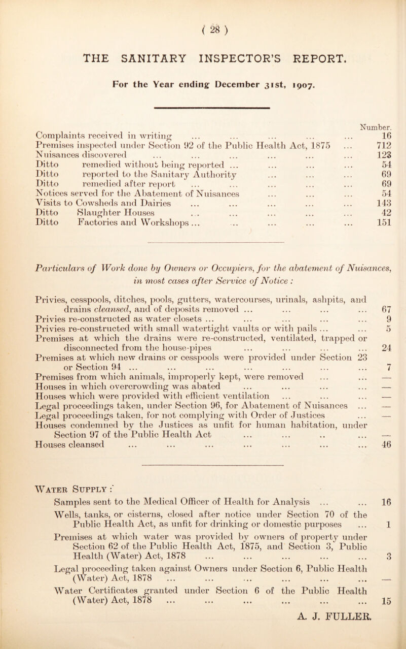 For the Year ending December 31st, 1907. Number. Complaints received in writing ... ... ... ... ... 16 Premises inspected under Section 92 of the Public Health Act, 1875 ... 712 Nuisances discovered ... ... ... ... ... ... 123 Ditto remedied without being reported ... ... ... ... 54 Ditto reported to the Sanitary Authority ... ... ... 69 Ditto remedied after report ... ... ... ... ... 69 Notices served for the Abatement of Nuisances ... ... ... 54 Visits to Cowsheds and Dairies ... ... ... ... ... 143 Ditto Slaughter Houses ... ... ... ... ... 42 Ditto Factories and Workshops... ... ... ... ... 151 Particulars of Work done by Owners or Occupiers, for the abatement of Nuisances, in most cases after Service of Notice : Privies, cesspools, ditches, pools, gutters, watercourses, urinals, ashpits, and drains cleansed, and of deposits removed ... ... ... ... 67 Privies re-constructed as water closets ... ... ... ... ... 9 Privies re-constructed with small watertight vaults or with pails ... ... 5 Premises at which the drains were re-constructed, ventilated, trapped or disconnected from the house-pipes ... ... ... ... 24 Premises at which new drains or cesspools were provided under Section 23 or Section 94 ... ... ... ... ... ... ... 7 Premises from which animals, improperly kept, were removed Houses in which overcrowding was abated ... ... ... ... — Houses which were provided with efficient ventilation ... ... ... — Legal proceedings taken, under Section 96, for Abatement of Nuisances ... — Legal proceedings taken, for not complying with Order of Justices ... —- Houses condemned by the Justices as unfit for human habitation, under Section 97 of the Public Health Act ... ... .. ... — Houses cleansed ... ... ... ... ... ... ... 46 Water Supply Samples sent to the Medical Officer of Health for Analysis ... ... 16 Wells, tanks, or cisterns, closed after notice under Section 70 of the Public Health Act, as unfit for drinking or domestic purposes ... 1 Premises at which water was provided by owners of property under Section 62 of the Public Health Act, 1875, and Section 3, Public Health (Water) Act, 1878 ... ... ... ... ... 3 Legal proceeding taken against Owners under Section 6, Public Health (Water) Act, 1878 ... ... ... ... ... ... — Water Certificates granted under Section 6 of the Public Health (Water) Act, 1878 ... ... ... ... ... ... 15 A. J. FULLER.