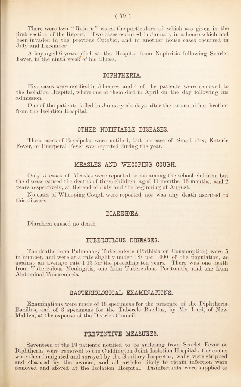 first section of the Report. Two cases occurred in January in a house which had been invaded in the previous October, and in another house cases occurred in July and December. A boy aged 6 years died at the Hospital from Nephritis following Scarlet Fever, in the ninth week* of his illness. DIPHTHERIA. Five cases were notified in 5 houses, and 4 of the patients were removed to the Isolation Hospital, where one of them died in April on the day following his admission. One of the patients failed in January six days after the return of her brother from the Isolation Hospital. OTHER NOTIFIABLE DISEASES. Three cases of Erysipelas were notified, but no case of Small Pox, Enteric Fever, or Puerperal Fever was reported during the year. MEASLES AND WHOOPING COUGH. Only 5 cases of Measles were reported to me among the school children, but the disease caused the deaths of three children, aged 11 months, 16 months, and 2 years respectively, at the end of July and the beginning of August. No cases of Whooping Cough were reported, nor was any death ascribed to this disease. DIARRHCEA. Diarrhoea caused no death. TUBERCULOUS DISEASES. The deaths from Pulmonary Tuberculosis (Phthisis or Consumption) were 5 in number, and were at a rate slightly under 1*0 per 1000 of the population, as against an average rate 115 for the preceding ten years. There was one death from Tuberculous Meningitis, one from Tuberculous Peritonitis, and one from Abdominal Tuberculosis. BACTERIOLOGICAL EXAMINATIONS. Examinations were made of 18 specimens for the presence of the Diphtheria Bacillus, and of 3 specimens for the Tubercle Bacillus, by Mr. Lord, of New Malden, at the expense of the District Council. PREVENTIVE MEASURES. Seventeen of the 19 patients notified to be suffering from Scarlet Fever or Diphtheria were removed to the Cuddington Joint Isolation Hospital; the rooms were then fumigated and sprayed by the Sanitary Inspector, walls were stripped and cleansed by the owners, and all articles likely to retain infection were removed and stoved at the Isolation Hospital. Disinfectants were supplied to