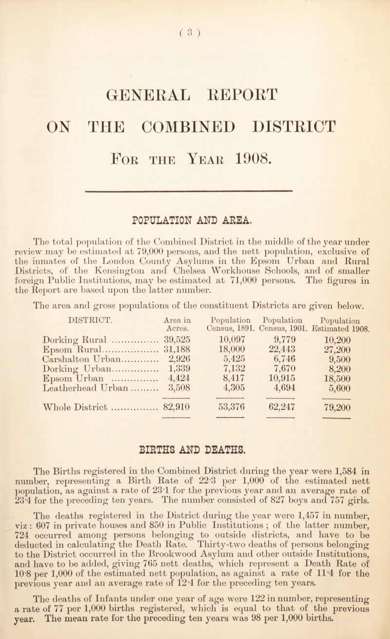 ON THE COMBINED DISTRICT For the Year 1908. POPULATION AND AEEA. The total population of the Combined District in the middle of the year under review ma}^ be estimated at 79,000 persons, and the nett population, exclusive of the inmates of the London County Asylums in the Epsom Urban and Rural Districts, of the Kensington and Chelsea Workhouse Schools, and of smaller foreign Public Institutions, may be estimated at 71,000 persons. The figures in the Report are based upon the latter number. The area and gross populations of the constituent Districts are given below. DISTRICT. Area in Acres. Population Census, 1891. Population Census, 1901. Population Estimated 19( Dorking Rural .... 39,525 10,097 9,779 10,200 Epsom Rural .... 31,188 18,000 22,443 27,200 Carshalton Urban .... 2,926 5,425 6,746 9,500 Dorking Urban .... 1,339 7,132 7,670 8,200 Epsom Urban .... 4,424 8,417 10,915 18,500 Leatherhead Urban .... 3,508 4,305 4,694 5,600 Whole District .... 82,910 53,376 62,247 79,200 BIRTHS AND DEATHS. The Births registered in the Combined District during the year were 1,584 in number, representing a Birth Rate of 22‘3 per 1,000 of the estimated nett population, as against a rate of 23 T for the previous year and an average rate of 23’4 for the preceding ten years. The number consisted of 827 boys and 757 girls. The deaths registered in the District during the year were 1,457 in number, viz : 607 in private houses and 850 in Public Institutions ; of the latter number, 724 occurred among persons belonging to outside districts, and have to be deducted in calculating the Death Rate. Thirty-two deaths of persons belonging to the District occurred in the Brookwood Asylum and other outside Institutions, and have to be added, giving 765 nett deaths, which represent a Death Rate of 10’8 per 1,000 of the estimated nett population, as against a rate of 11‘4 for the previous year and an average rate of 12'4 for the preceding ten years. The deaths of Infants under one year of age were 122 in number, representing a rate of 77 per 1,000 births registered, which is equal to that of the previous year. The mean rate for the preceding ten years was 98 per 1,000 births.