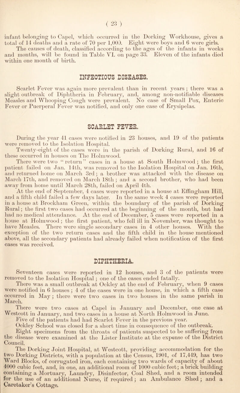 (-^3) infant belonging to Capel, which occurred in the Dorking Workhouse, gives a total of 14 deaths and a rate of 70 per 1,000. Eight were boys and 6 were girls. The causes of death, classified according to the ages of the infants in weeks and months, will be found in Table VI. on page 33. Eleven of the infants died within one month of birth. INFECTIOUS DISEASES. Scarlet Fever was again more prevalent than in recent years ; there was a slight outbreak of Diphtheria in February, and, among non-notifiable diseases jMeasles and Whooping Cough were prevalent. No case of Small Pox, Enteric Fever or Puerperal Fever was notified, and only one case of Erysipelas. SCAELET FEVEE. During the year 41 cases were notified in 23 houses, and 19 of the patients were removed to the Isolation Hospital. Twenty-eight of the cases were in the parish of Dorking Rural, and 16 of these occurred in houses on The Hohnwood. There were two “ return ” cases in a house at South Holmwood ; the first 2:)atient failed on Jan. 14th, was removed to the Isolation Hospital on Jan. 16th, and returned home on March 3rd; a brother was attacked with the disease on March 17th, and removed on March 18th ; and a second brother, who had been away from home until March 28th, failed on April 4th. At the end of September, 4 cases were reported in a house at Effingham Hill, and a fifth child failed a few days later. In the same week 4 cases were reported in a house at Brockham Green, within the boundary of the parish of Dorking Rural; the first two cases had occurred at the beginning of the month, but had had no medical attendance. At the end of December, 5 cases were reported in a house at Holmwood; the first patient, who fell ill in November, was thought to have Measles. There were single secondary cases in 4 other houses. With the exception of the two return cases and the fifth child in the house mentioned above, all the secondary patients had already failed when notification of the first cases was received. DIPHTHEEIA. Seventeen cases were reported in 12 houses, and 3 of the patients were removed to the Isolation Hospital; one of the cases ended fatally. There was a small outbreak at Ockley at the end of February, when 9 cases were notified in 6 houses ; 4 of the cases were in one house, in which a fifth case occurred in May ; there were two cases in two houses in the same parish in March. There were two cases at Capel in January and December, one case at Westcott in January, and two cases in a house at Nortli Hohnwood in June. Five of the patients had had Scarlet Fever in the previous year. Ockley School was closed for a short time in consequence of the outbreak. Eight specimens from the throats of patients suspected to be suffering from the disease were examined at the Lister Institute at the expense of the District Council. The Dorking Joint Hospital, at Westcott, providing ac^commodation for the two Dorking Districts, with a population at the Census, 1901, of 17,449, has two Ward Blocks, of corrugated iron, each containing two wards of capacity of about 4000 cubic feet, and, in one, an additional room of 1000 cubic feet; a brick building containing a Mortuary, Laundry, Disinfector, Coal Shed, and a room intended for the use of an additional Nurse, if required ; an Ambulance Shed ; and a Caretaker’s Cottage.