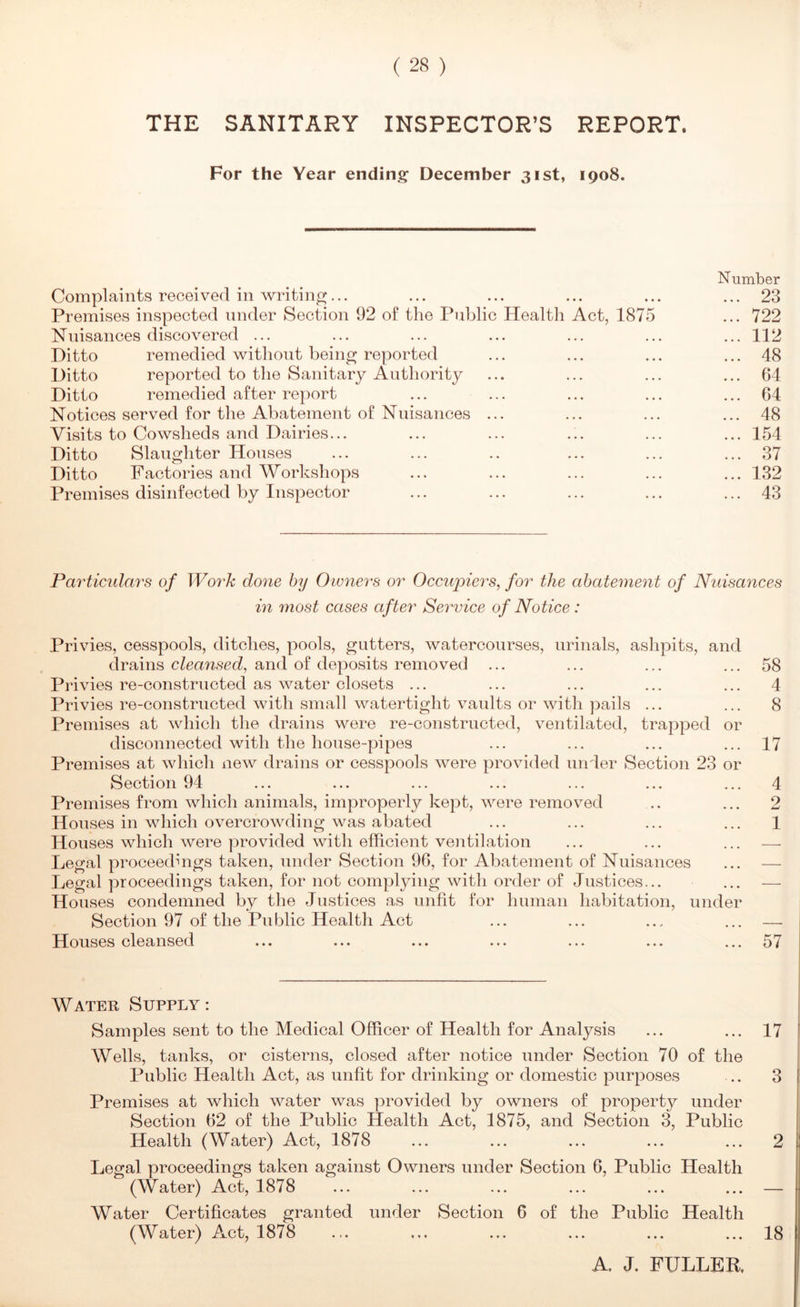 THE SANITARY INSPECTOR’S REPORT. For the Year ending’ December 31st, 1908. Number Complaints received in writing... ... ... ... ... ... 23 Premises inspected under Section 92 of the Public Health Act, 1875 ... 722 Nuisances discovered ... ... ... ... ... ... ... 112 Ditto remedied without being reported ... ... ... ... 48 Ditto reported to the Sanitary Authority ... ... ... ... 64 Ditto remedied after report ... ... ... ... ... 64 Notices served for the Abatement of Nuisances ... ... ... ... 48 Visits to Cowsheds and Dairies... ... ... ... ... ... 154 Ditto Slaughter Houses ... ... .. ... ... ... 37 Ditto Factories and Workshops ... ... ... ... ... 132 Premises disinfected by Inspector ... ... ... ... ... 43 Particulars of Work done by Owners or Occiipiers, for the abatement of Nuisances in most cases after Service of Notice : Privies, cesspools, ditches, pools, gutters, watercourses, urinals, ashpits, and drains and of deposits removed ... ... ... ... 58 Privies re-constructed as water closets ... ... ... ... ... 4 Privies re-constructed with small watertight vaults or with ])ails ... ... 8 Premises at which the drains were re-constructed, ventilated, trapped or disconnected with the house-pipes ... ... ... ... 17 Premises at which new drains or cesspools were provided under Section 23 or Section 94 ... ... ... ... ... ... ... 4 Premises from which animals, improperly kept, were removed .. ... 2 Houses in which overcrowding was abated ... ... ... ... 1 Houses which were provided with efficient ventilation ... ... ... — Legal proceedhigs taken, under Section 96, for Abatement of Nuisances ... — Legal proceedings taken, for not complying with order of Justices... ... — Houses condemned by the Justices as unlit for human habitation, under Section 97 of the Public Health Act ... ... ... ... — Houses cleansed «>• ... ... ... ... ... ... 57 Water Supply: Samples sent to the Medical Officer of Health for Analysis ... ... 17 Wells, tanks, or cisterns, closed after notice under Section 70 of the Public Health Act, as unfit for drinking or domestic purposes .. 3 Premises at which water was provided by owners of property under Section 62 of the Public Health Act, 1875, and Section 3, Public Health (Water) Act, 1878 ... ... ... ... ... 2 Legal proceedings taken against Owners under Section 6, Public Health (Water) Act, 1878 ... ... ... ... ... ... — Water Certificates granted under Section 6 of the Public Health (Water) Act, 1878 ... ... ... ... ... 18 A. J. FULLER,