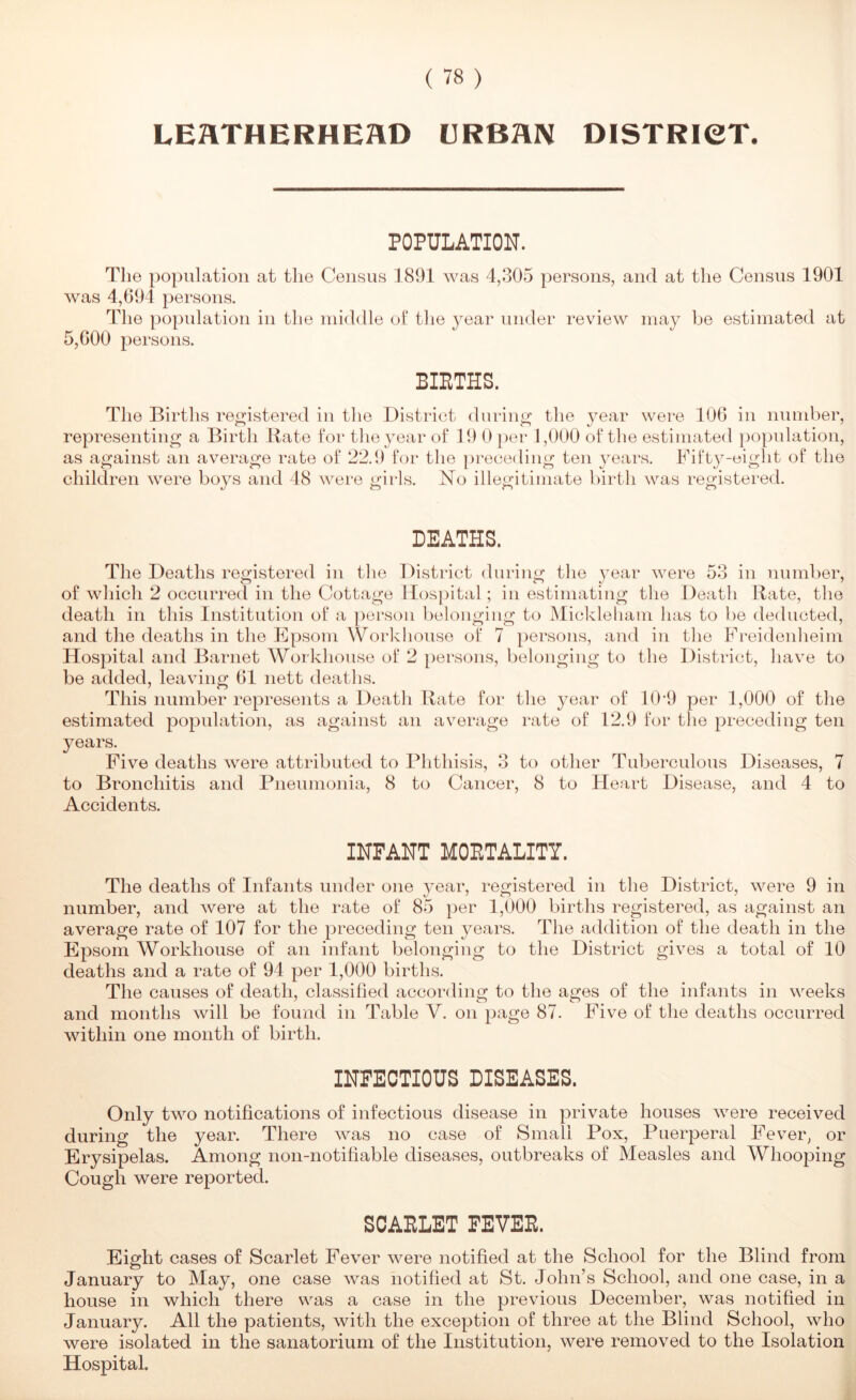 LEaTHERHEaD URBaN DISTRieT. POPULATION. The population at the Census 1891 was 4,305 persons, and at the Census 1901 was 4,694 persons. The population in the middle of tlie year under review may be estimated at 5,600 persons. BIETHS. The Births registered in tlie District during tlie year were 106 in number, representing a Birth Bate for tlie year of 19 0 per 1,000 of the estimated population, as against an average rate of 22.9 for the preceding ten ^^ears. Fifty-eight of the children were boys and 48 were girls. No illegitimate birth was registered. DEATHS. The Deaths registered in tlie District during the year were 53 in number, of which 2 occurred in the Cottage Hospital; in estimating the Death Rate, the death in this Institution of a person belonging to Mickleham has to be deducted, and the deaths in the Epsom Workhouse of 7 persons, and in the Freidenheim Hospital and Barnet Workhouse of 2 persons, belonging to the District, have to be added, leaving 61 nett deaths. This number represents a Death Bate for the year of 10'9 per 1,000 of the estimated population, as against an average rate of 12.9 for the preceding ten years. Five deaths were attributed to Phthisis, 3 to other Tuberculous Diseases, 7 to Bronchitis and Pneumonia, 8 to Cancer, 8 to Fleart Disease, and 4 to Accidents. INFANT MOETALITY. The deaths of Infants under one year, registered in the District, were 9 in number, and were at the rate of 85 per 1,000 births registered, as against an average rate of 107 for the preceding ten years. The addition of the death in the Epsom Workhouse of an infant belonging to the District gives a total of 10 deaths and a rate of 94 per 1,000 births. The causes of death, classified according to the ages of the infants in weeks and months will be found in Table V. on page 87. Five of the deaths occurred within one month of birth. INFECTIOUS DISEASES. Only two notifications of infectious disease in private houses were received during the year. There was no case of Small Pox, Puerperal Fever, or Erysipelas. Among non-notihable diseases, outbreaks of Measles and Whooping Cough were reported. SCABLET FEVEB. Eight cases of Scarlet Fever were notified at the School for the Blind from January to May, one case was notified at St. John’s School, and one case, in a house in which there was a case in the previous December, was notified in January. All the patients, with the exception of three at the Blind School, who were isolated in the sanatorium of the Institution, were removed to the Isolation Hospital.