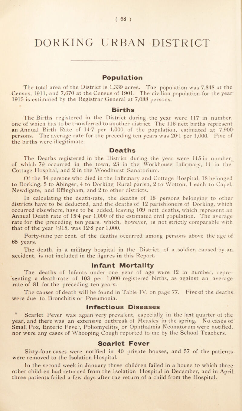 DORKING URBAN DISTRICT Population The total area of the District is 1,339 acres. The population was 7,848 at the Census, 1911, and 7,670 at the Census of 1901. The civilian population for the year 1915 is estimated by the Registrar General at 7,088 persons. Births The Births registered in the District during the year were 117 in number, one of which has to be transferred to another district. The 116 nett births represent an Annual Birth Rate of 14*7 per 1,000 of the population, estimated at 7,900 persons. The average rate for the preceding ten years was 20'1 per 1,000. Five of the births were illegitimate. Deaths The Deaths registered in the District during the year were 115 in number^ of which 79 occurred in the town, 23 in the Workhouse Infirmary, 11 in the Cottage Hospital, and 2 in the YVoodhurst Sanatorium. Of the 34 persons who died in the Infirmary and Cottage Hospital, 18 belonged to Dorking, 5 to Abinger, 4 to Dorking Rural parish, 2 to VVotton, 1 each to Capel, Newdigate, and Effingham, and 2 to other districts. In calculating the death-rate, the deaths of 18 persons belonging to other districts have to be deducted, and the deaths of 12 parishioners of Dorking, which occurred elsewhere, have to be added, leaving 109 nett deaths, which represent an Annual Death rate of 15-4 per 1,000 of the estimated civil population. The average rate for the preceding ten years, which, however, is not strictly comparable with that of the year 1915, was 12*8 per 1,000. Forty-nine per cent, of the deaths occurred among persons above the age of 65 years. The death, in a military hospital in the District, of a soldier, caused by an accident, is not included in the figures in this Report. Infant Mortality The deaths of Infants under one year of age were 12 in number, repre- senting a death-rate of 103 per 1,000 registered births, as against an average rate of 81 for the preceding ten years. The causes of death will be found in Table IV. on page 77. Five of the deaths- were due to Bronchitis or Pneumonia. Infectious Diseases Scarlet Fever was again very prevalent, especially in the last quarter of the year, and there was an extensive outbreak of Measles in the spring. No cases of Small Pox, Enteric Fever, Poliomyelitis4 or Ophthalmia Neonatorum were notified, nor were any cases of Whooping Cough reported to me by the School Teachers. Scarlet Fever Sixty-four cases were notified in 40 private houses, and 57 of the patients were removed to the Isolation Hospital. In the second week in January three children failed in a house to which three other children had returned from the Isolation Hospital in December, and in April three patients failed a few days after the return of a child from the Hospital.