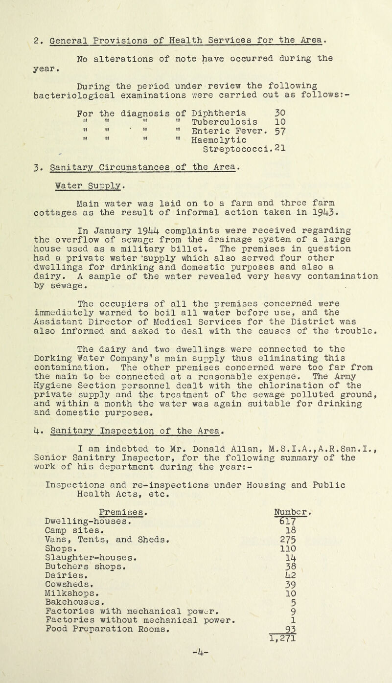 No alterations of note have occurred during the year. During the period under review the following bacteriological examinations were carried out as follows:- Por the diagnosis of Diphtheria 30   ” *' Tuberculosis 10 ’* '  *• Enteric Fever. 57  ’* ”  Haemolytic Streptococci.21 3. Sanitary Circumstances of the Area. Water Supply. Main water was laid on to a farm and three farm cottages as the result of informal action taken in 1943• In January 1944 complaints were received regarding the overflow of sewage from the drainage system of a large house used as a military billet. The premises in question had a private water ‘supply which also served four other dwellings for drinking and domestic purposes and also a dairy. A sample of the water revealed very heavy contamination by sewage. The occupiers of all the premises concerned were immediately warned to boil all water before use, and the Assistant Director of Medical Services for the District was also informed and asked to deal with the causes of the trouble. The dairy and two dwellings were connected to the Dorking Water Company’s main supply thus eliminating this contamination. The other premises concerned were too far from the main to be connected at a reasonable expense. The Army Hygiene Section personnel dealt with the chlorination of the private supply and the treatment of the sewage polluted ground, and within a month the v/ater was again suitable for drinking and domestic purposes, 4. Sanitary Inspection of the Area. I am indebted to Mr, Donald Allan, M.S.I.A.,A.R.San,I., Senior Sanitary Inspector, for the following summary of the work of his department during the year:- Inspections and re-inspections under Housing and Public Health Acts, etc. Premises. Number, Dwelling-houses. 617 Camp sites, 18 Vans, Tents, and Sheds, 275 Shops. 110 Slaughter-houses, 14 Butchers shops. 38 Dairies. 42 Cowsheds, 39 Milkshops, 10 Bakehouses. 5 Factories with mechanical power, 9 Factories without mechanical power, 1 Food Preparation Rooms, 93 1,271 -4-