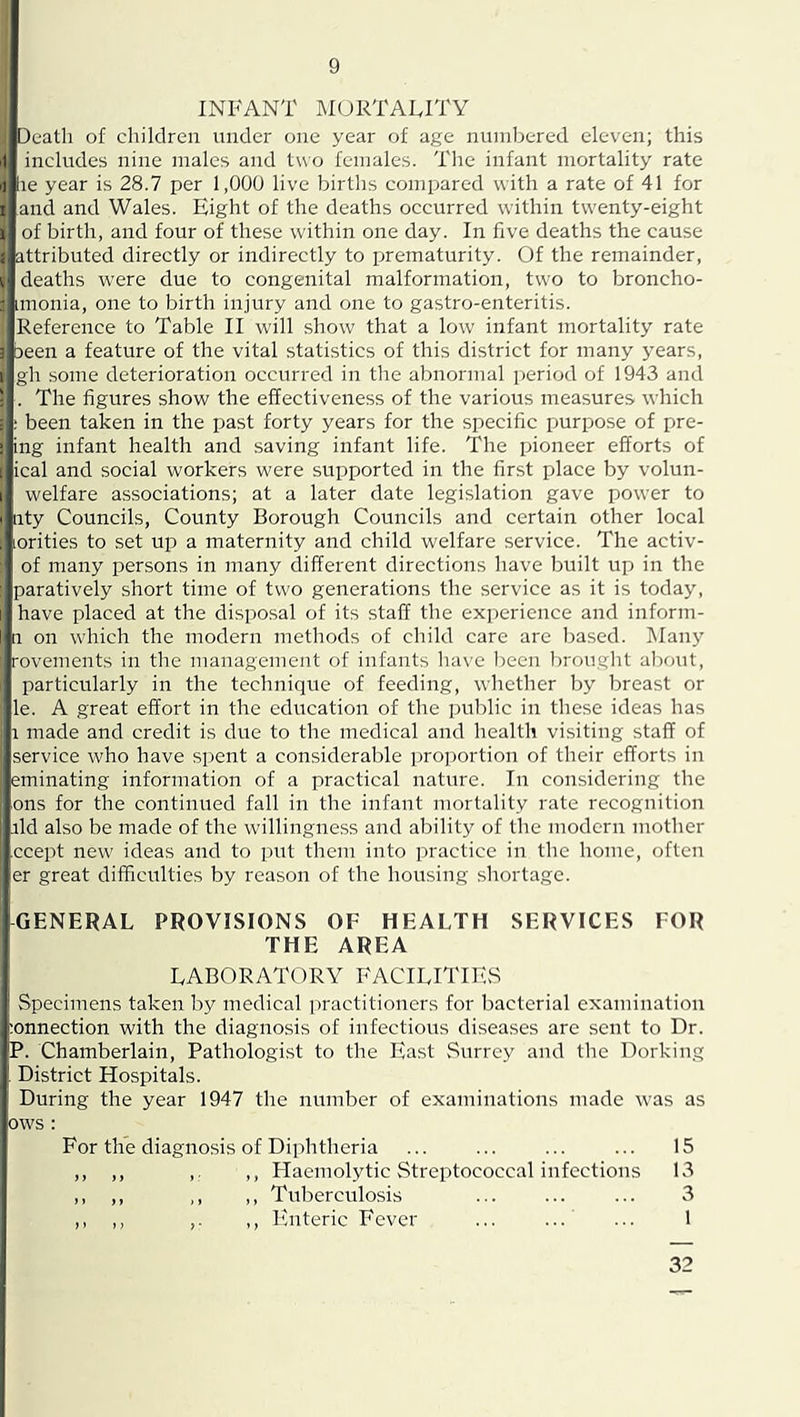 INFANT MORTALITY Death of children under one year of age numbered eleven; this i1 includes nine males and tv\o females. The infant mortality rate ii lie year is 28.7 per 1,000 live births compared with a rate of 41 for I and and Wales. Eight of the deaths occurred within twenty-eight 1 of birth, and four of these within one day. In five deaths the cause i. attributed directly or indirectly to prematurity. Of the remainder, V deaths were due to congenital malformation, two to broncho- : imonia, one to birth injury and one to gastro-enteritis. Reference to Table II will show that a low infant mortality rate 1 oeen a feature of the vital statistics of this district for many 3^ears, 1 gh some deterioration occurred in the abnormal period of 1943 and ; . The figures show the effectiveness of the various measures which : : been taken in the past forty years for the specific purpose of pre- : ing infant health and saving infant life. The pioneer efforts of I ical and social workers were supported in the first place by volun- I welfare associations; at a later date legislation gave power to ' nty Councils, County Borough Councils and certain other local .' lorities to set up a maternity and child welfare service. The activ- of many persons in many different directions have built up in the paratively short time of two generations the service as it is today, I have placed at the disposal of its staff the experience and inform- II on which the modern methods of child care are liased. Many rovements in the management of infants have lieen brought aliout, particularly in the technique of feeding, whether by breast or le. A great effort in the education of the public in these ideas has 1 made and credit is due to the medical and health visiting staff of service who have spent a considerable pro])ortion of their efforts in [eminating information of a practical nature. In considering the ons for the continued fall in the infant mortality rate recognition lid also be made of the willingness and ability of the modern mother ■ccept new ideas and to put them into practice in the home, often er great difficulties by reason of the housing shortage. i GENERAL PROVISIONS OF HEALTH SERVICES FOR THE AREA LABORATORY FACILITIES ' Specimens taken by medical jiractitioners for bacterial examination connection with the diagnosis of infectious diseases are sent to Dr. 'P. Chamberlain, Pathologist to the East vSurrey and the Dorking District Hospitals. During the year 1947 the number of examinations made was as ows : For the diagnosis of Diphtheria ... ... ... ... 15 ,, ,, ,. ,, Haemolytic Streptococcal infections 13 ,, ,, ,, ,, Tuberculosis ... ... ... 3 ,, ,, ,. ,, Enteric Fever ' ... 1 32