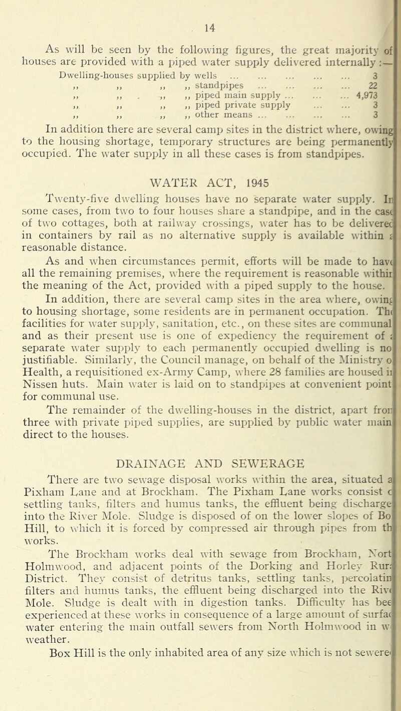 As will be seen by the following figures, the great majority of houses are provided with a piped water supply delivered internally ; — Dwelling-houses supplied by wells ,, ,, ,, „ standpipes ,, ,, ,, ,, piped main supply ... .1 >> >> ,, piped private supply ,, ,, ,, ,, other means 3 22 4,973 3 3 In addition there are several camp sites in the district where, owing to the housing shortage, temporary structures are being permanently occupied. The water supply in all these cases is from standpipes. WATER ACT, 1945 Twenty-five dwelling houses have no separate water supply. In some cases, from two to four houses share a standpipe, and in the cast of two cottages, both at railway crossings, water has to be delivered in containers by rail as no alternative supply' is available within £ reasonable distance. As and when circumstances permit, efforts will be made to havt all the remaining premises, where the requirement is reasonable withir the meaning of the Act, provided with a piped supply' to the house. In addition, there are several camp sites in the area where, owinj to housing shortage, some residents are in permanent occupation. Th( facilities for water supply', sanitation, etc., on these sites are communal and as their present use is one of expediency the requirement of ; separate water supply to each permanently occupied dwelling is no justifiable. Similarly', the Council manage, on behalf of the Ministry o Health, a requisitioned ex-Army Camp, where 28 families are housed ii Nissen huts. IMain water is laid on to standpipes at convenient point for communal use. The remainder of the dwelling-houses in the district, apart fron three with private piped supplies, are supplied by' public water main direct to the houses. DRAINAGE AND SEWERAGE There are two sewage disposal works within the area, situated a Pixham Lane and at Brockham. The Pixham Lane works consist c settling tanks, filters and humus tanks, the effluent being discharge into the River Mole. Sludge is disposed of on the lower slopes of Bo Hill, to which it is forced by' compressed air through pipes from th works. The Brockham works deal with sewage from Brockham, Nort Hohnwood, and adjacent points of the Dorking and Horley Run District. They consist of detritus tanks, settling tanks, percolatin filters and humus tanks, the effluent being discharged into the Riv( INIole. Sludge is dealt with in digestion tanks. Difficulty has bee experienced at these works in consequence of a large amount of surfac water entering the main outfall sewers from North Hohnwood in w weather. Box Hill is the only inhabited area of any size which is not sewereij
