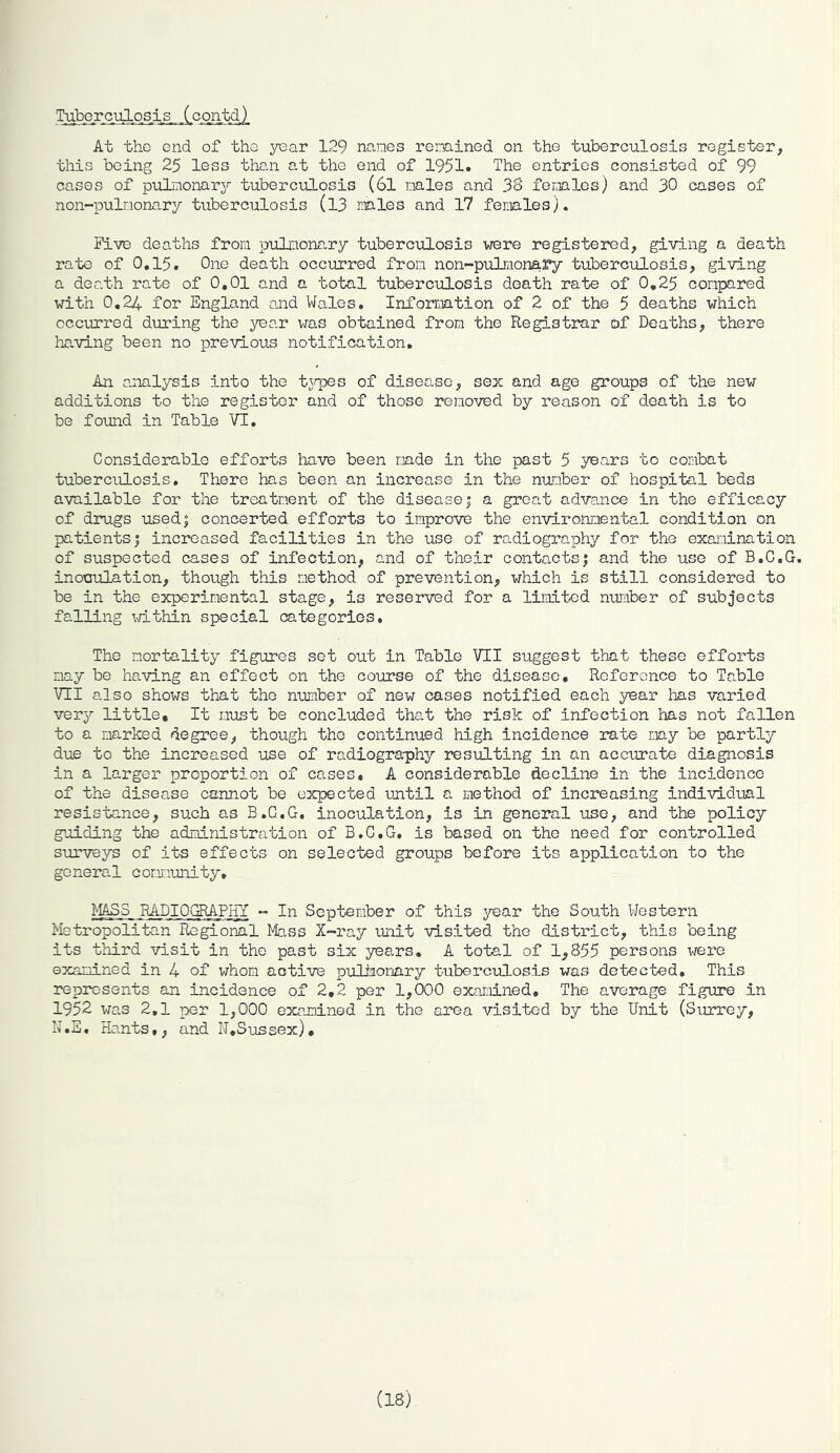 At the end of the year 129 nanes renained on the tuberculosis register, this being 25 less than at the end of 1951. The entries consisted of 99 cases of pulmonary tuberculosis (6l males and 38 females) and 30 cases of non-pulmonary tuberculosis (l3 males and 17 females). Five deaths from pulmonary tuberculosis were registered, giving a death rate of 0,15. One death occurred from non-pulmonary tuberculosis, giving a death rate of 0,01 and a total tuberculosis death rate of 0,25 compared with 0,24 for England and Wales, Information of 2 of the 5 deaths which occurred during the ^^ear was obtained from the Registrar of Deaths, there having been no previous notification. An analysis into the tjqpes of disease, sex and ago groups of the new additions to the register and of those removed by reason of death is to be found in Table VI, Considerable efforts have been made in the past 5 years to combat tuberculosis. There has been an increase in the number of hospital beds available for the treatment of the disease| a great advance in the efficacy of drugs used; concerted efforts to improve the environmental condition on patients; increased facilities in the use of radiography for the examination of suspected cases of infection, and of their contacts; and the use of B.C.G. inooulation, though this method of prevention, which is still considered to be in the experimental stage, is reserved for a limited niriber of subjects falling wLthin special categories. The mortality figures set out in Table VII suggest that these efforts may be having an effect on the course of the disease. Reference to Table VII also shows that the number of nev7 cases notified each year has varied very little. It must be concluded that the risk of infection has not fallen to a marked degree, though the continued high incidence rate may be partly due to the increased use of radiogra-phy resulting in an accurate diagnosis in a larger proportion of cases, A considerable decline in the incidence of the disease cannot be expected until a method of increasing individual resistance, such as B.C.G, inoculation, is in general use, and the policy guiding the administration of B.C.G, is based on the need for controlled surveys of its effects on selected groups before its application to the general community, MASS RADIOGRAPHY - In September of this year the South Western Metropolitan Regional Mass X-ray unit visited the district, this being its th-ird visit in the past six years, A total of 1,855 persons were examined in 4 of v;hom active puliaonary tuberculosis was detected. This represents an incidence of 2,2 per 1,000 examined. The average figure in 1952 was 2,1 per 1,000 examined in the area visited by the Unit (Surrey, N.E, Ha,nts,, and W,Sussex), (18)