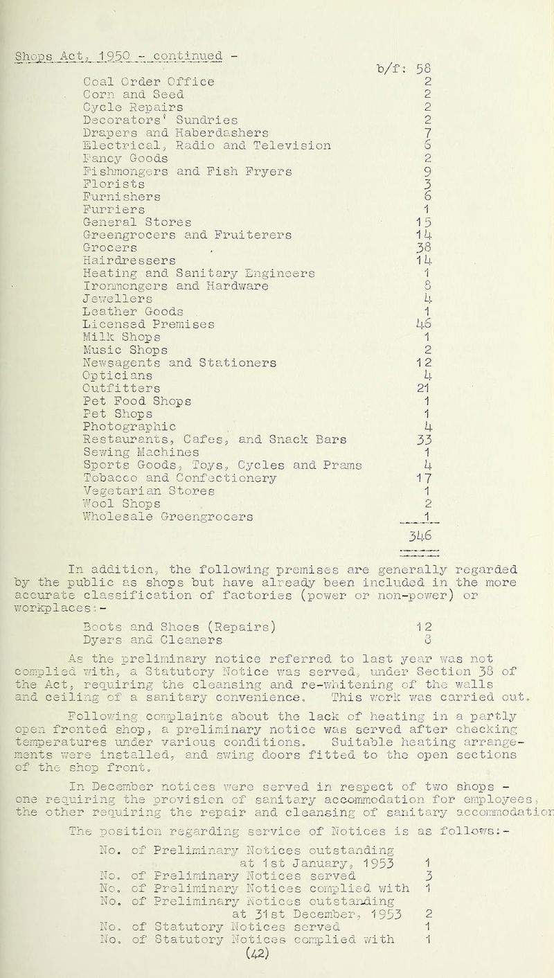 b/f: 58 Coal Order Office 2 Corn and Seed 2 Cycle Repairs 2 Decorators' Sundries 2 Drapers and Haberdashers 7 Electrical, Radio and Television 6 Fancy Goods 2 Fishmongers and Fish Fryers 9 Florists 3 Furnishers 6 Furriers 1 General Stores 15 Greengrocers and Fruiterers 14 Grocers 38 Hairdressers 14 Heating and Sanitary Engineers 1 Ironmongers and Hardware 8 Jewellers 4 Leather Goods 1 Licensed Premises 46 Milk Shops 1 Music Shops 2 Newsagents and Stationers 1 2 Opticians 4 Outfitters 21 Pet Food Shops 1 Pet Shops 1 Photographic 4 Restaurants, Cafes, and Snack Bars 33 Sewing Machines 1 Sports Goods, Toys, Cycles and Prams 4 Tobacco and Confectionery 17 Vegetarian Stores 1 Wool Shops 2 Wholesale Greengrocers 1 34 6 In addition, the following premises are generally regarded by the public as shops but have already been included in the more accurate classification of factories (power or non-power) or workplacesi- Boots and Shoes (Repairs) 12 Byers and Cleaners 8 As the preliminary notice referred to last year was not complied with, a Statutory Notice was served, under Section 38 of the Act, requiring the cleansing and re-whitening of the walls and ceiling of a sanitary convenience„ This work was carried out. Following complaints about the lack of heating in a partly open fronted shop, a preliminary notice was served after checking temperatures under various conditions. Suitable heating arrange- ments were installed, and swing doors fitted to the open sections of the shop front. In December notices were served in respect of two shops - one requiring the provision of sanitary accommodation for employees, the other requiring the repair and cleansing of sanitary accommodation The position regarding service of Notices is as followss- No. of Preliminary Notices outstanding at 1st January, 1953 1 No. of Preliminary Notices served 3 No. of Preliminary Notices complied with 1 No. of Preliminary Notices outstanding at 31st December, 1953 2 No. cf Statutory Notices served 1 No. of Statutory Notices complied with 1 (42)