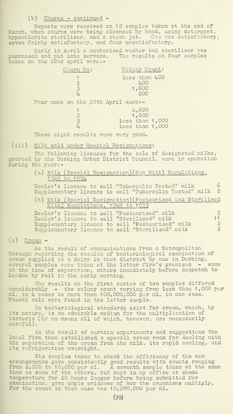 (b) Churns - continued - Reports v/ere received on 1 2 samples taken at the end of March, when churns were being cleansed by hand, using detergent, hypochlorite steriliser, and a steam jet. One was satisfactory, seven fairly satisfactory, and four unsatisfactory. Early in April a mechanised washer and steriliser was purchased and put into service. The results on four sam.ples taken on the 22nd April v/ere Churn No: Colony Count; 1 2 3 k less than 400 400 1 ,600 800 Four more on the 28th April were:- 1 4?600 2 1,600 3 less than 1 ,000 4 less than 1 ,000 These eight results were very good. (iii) Milk sold under Special Designations: The following licences for the sale of designated milks, gran.ted by the Dorking Urban District Council, were in operation during the year:- (^) Milk (Special Designation) (Rav/ Milk) Regulations, 1949 to 1954 Dealer’s licence to sell Tuberculin Tested milk 6 Supplementary licence to sell Tuberculin Tested milk 2 Milk (special Designation) (Pasteurised and Sterilised Milk) Regulations, 1949 to 1933 Dealer’s licence to sell Pasteurised milk 5 Dealer’s licence to sell Sterilised milk 11 Supplementary licence to sell Pasteurised milk 2 Supplementary licence to sell Sterilised milk 2 ( e) Cream - As the result of communications from a Metropolitan Borough regarding the results of bacteriological examination of cream, supplied to a dairy in that district by one in Dorking, several samples were taken at the latter firm’s premises - some at the tme of separation, others immediately before despatch to London by rail in the early morning. The results on the first series of ten samples differed considerably - the colony count varying from less than 1,000 per .ml. in 4 cases to more than 100,000,000 per ml. in one case. Faecal coli v/ere found in the latter sample. No bacteriological standards exist for cream, which, by its nature, is an admiirable medium for the multiplication of bacteria (by no means all of which, however, are necessarily harmjful). A.s the result of certain experiments and suggestions the local firm then established a special cream room for dealing v/ith the separation of the cream from the milk, its rapid cooling, and its refrigeration overnight. Six samples teiken to check the efficiency of the new arrangements gave consistently good results with counts ranging from 2,000 to 10,000 per ml. A seventh sample taken at the same time as some of the others, but kept in my office at shade temperature for 28 hours longer before being submitted for examination, gave ample evidence of how the organisms multiply, for the count in that case v/as 10,000,000 per ml. (39)