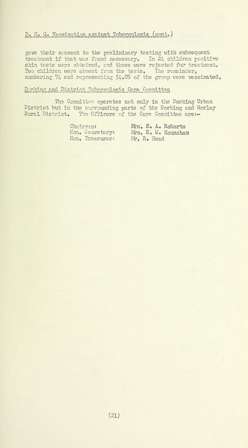 citation against Tiiberculosis (cont<,) gavD their consent to the preliminary testing with subsequent treatment if that was found necessary. In 24 children positi\^ skin tests v/ere obtained, and these were rejected for treatment,, Ti7d children were absent from the tests. The remainderj numbering 74 and representing 54<»0% of the group were vaccinated, Dorking and DisjfcriejLJkibe^ciLloM^^ .Care, Commattee The Committee operates not only in the Dorking Urban District but in the son’rounding parts of the Dorking and Horley Rural District, The Officers of the Care Committee ares- E» A, Roberts I'^s, E, W, Hounsham Hi?» R, Head Chairmans Ron, Secretary5 Hon, Treasurers (21)