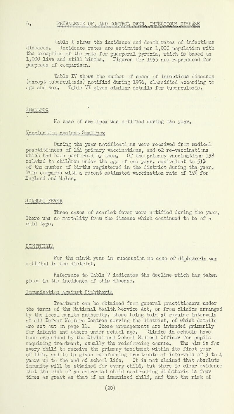 6. INFECTIOUS DISEASE Table I shows the incidence and death rates of infections diseases* Incidence rates are estinatod per 1^000 population with the exception of the rate for puerperal pyrexia, which is based on 1,000 live 0,nd still births. Figures for 1955 are reproduced for purposes of comparison. Table IV shows the number of cases of infectious diseases (except tuberculosis) notified during 1956, classified according to age and sex. Table VI gives similar details for tuberculosis. Si'IALLFOX No case of smallpox was notified during the year® Vaccina.tion against Smallnox During the year notifications were received from medical practitioners of 164 primary vaccinations, and 62 re-vaccinations which had been performed by them. Of the primary vaccinations 138 related to cliildren under the age of one year, equivalent to 51^ of the number of births registered in the district during the year. This ci.Tiipares with a recent estimated vaccination rate of 34% for England and Wales, SCARLET EEVER Three cases of scarlet fever were notified during the year, There was no mortality from the disease which continued to be of a mild type. DIPHTHERIA For the ninth year in succession no case of diphtheria was notified in the district. Reference to Table V indicates the decline which has tal^en place in the incidence of this disease, Imnunisati:',n against Diphtheria Treatment can be obtained from general practitioners ’under the terns of the National Health Service Act, or from clinics arranged by the local health authority, these being hold at regular intervals at all Infant Welfare Centres serving the district, of \Hiich details are set out on page 11. These arrangements are in-fcended primarily f'X infants and others under school ago. Clinics in schools have been organised by the Divisional School Modical Officer for pupils requ±rlng treatment, usually the reinforcing course. The aim is for every child to receive the primary treatment within its first year of life, and to be given reinforcing treatments at intor’vals of 3 to 4 years up to the end of school life. It is not claimed that absolute immunity will be attained for every child, but there is clear evidence that the risk of an untreated cliild contracting diphtheria is four times as great as that of an immunised child, and that the risk of (20)