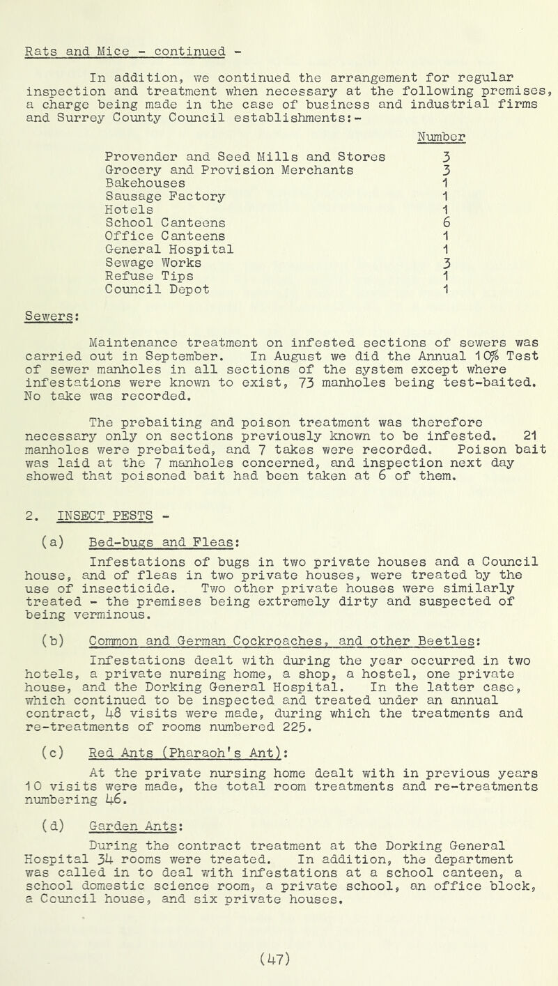 In addition, we continued the arrangement for regular inspection and treatment when necessary at the following premises, a charge being made in the case of business and industrial firms and Surrey County Council establishments:- Number Provender and Seed Mills and Stores 3 Grocery and Provision Merchants 3 Bakehouses 1 Sausage Factory 1 Hotels 1 School Canteens 6 Office Canteens 1 General Hospital ^ Sewage Works 3 Refuse Tips 1 Council Depot i Sewers: Maintenance treatment on infested sections of sewers was carried out in September. In August we did the Annual ^Ofo Test of sewer manholes in all sections of the system except where infestations were known to exist, 73 manholes being test-baited. No take was recorded. The prebaiting and poison treatment was therefore necessary only on sections previously known to be infested. 21 manholes were prebaited, and 7 takes were recorded. Poison bait was laid at the 7 manholes concerned, and inspection next day showed that poisoned bait had been taken at 6 of them. 2. INSECT PESTS - (a) Bed-bugs and Fleas: Infestations of bugs in two private houses and a Council house, and of fleas in two private houses, were treated by the use of insecticide. Two other private houses were similarly treated - the premises being extremely dirty and suspected of being verminous. (b) Common and German Cockroaches, and other Beetles: Infestations dealt ?/ith during the year occurred in two hotels, a private nursing home, a shop, a hostel, one private house, and the Dorking General Hospital. In the latter case, which continued to be inspected and treated under an annual contract, 48 visits were made, during which the treatments and re-treatments of rooms numbered 225. (c) Red Ants (Pharaoh’s Ant): At the private nursing home dealt with in previous years 10 visits were made, the total room treatments and re-treatments numbering 46. (d) Garden Ants: During the contract treatment at the Dorking General Hospital 34 rooms v/ere treated. In addition, the department was called in to deal with infestations at a school canteen, a school domestic science room, a private school, an office block, a Council house, and six private houses. (47)
