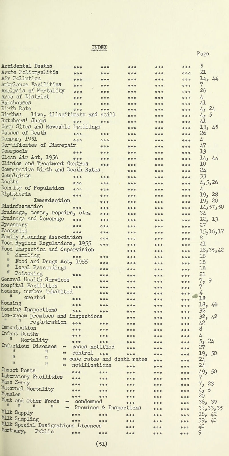 SI® Accidental Deaths ••• Acute Poliomyelitis «»,• A3x Pollutio:.! ••• Ambulance Facilities «6:« •«. Analysis of Mortality e.» ' ••• Area of District »«• ••• Bahehou? es •«• •»• Birth Rate «.o Births5 live, illegitimate and still Butchers' Shops »»• .o* Gamp Sites and Moveable Dvrellings Causes of Death •«* Ck^nSUS|. 1951 oe» 0.0 Oarr:ificates of Disrepair ««• Cesspools «»• e.* Glean Air Act, 1956 »«• •o. Clinics and Treatment Centres GompErg.tivQ Eir'bh and Death Rates Gonpl.aints Deaths Density of Population Diphtheria  Iniraunisation Disinfestation * *, Drainage, tests, repairs, etc# Drainage and Sewerage Dysentery Factories «,* Family Planning Association Food Hygiene Regulations, 1955 Food Inspecticn and Supeirvision ” Sampling *»,  Food and Drugs Act, 1955 ” Legal Proceedings Poisoning General Health Services Hospital Facilities ••• Houses, number inhabited e • e 9 • • • erected « • • * • • • O « • • • • • • • • • e • • • » • 9 • • • « Q * O V o • • • • • • 99 9 999 99 9 999 9 99 99 9 9 09 909 9 9 9 999 9 99 9 9 9 9 9 9 9 9 9 9 9 9 9 99 9 99 9 9 9 99 9 999 999 999 9 99 9 99 9 99 99 9 9 99 9 9 9 • • • 9 9 9 99 0 9 9 9 999 9 9 9 999 99 9 9 99 999 9 9 9 99 9 99 9 99 9 999 9 99 9 9 9 0 9 9 99 9 9 99 9 9 9 9 9 9 9 9 9 9 99 9 9 9 • • • • • • 999 9 9 9 9 99 99 9 • 99 9 9 9 9 9 9 9 9 9 9 • 9 9 9 9 9 99 • » • • • • • • • • e • • # • • « • • o • 900 9 9m 9 9 9 99 9 99m 9m 9 9 99 9 99 9 m m 999 n » ti Insect Pests Laboratory Facilities Mass Z—ray Maternal Mortality Measles Moat and Other Foods  ti n n Milk Supply Sampling ^u-k Special Designations Licences Mortiviry, Public e case rates and death rates notifications 9mm 99 9 9 m 9 99 9 • • • • • • 999 99 9 999 999 - condemned - Promises & Inspections 999 099 999 9 99 99 m 99 9 999 9 9 9 9 mm 99 9 99 9 9 9 9 9 9 9 999 9 9 9 9 9 9 • • • 9 9 9 999 999 e o o 9 9 0 0 9 9 0 9 9 9 0 ® e ft 0 ft ft 0 9 9 0 99 999 999 9 99 9 99 99 9 99 9 99 9 9 9 9 99 9 9 99 99 9 ft ft ft ft ft ft ft ft ft ft ft ft ft ft ft ft ft ft ft ft ft ft ft ft ft O ft ft ft ft ft 0 ft ft ft ft ft ft ft ft ft# ft »• ft ft ft • ft ft Housing ft ft* 999 ft ft ft ft Housing Inspections ft ft ft ft ft ft ft ft ft ft ft ft Ioo»croam premises and inspections ft • ft ft ft ft ”  registration eft ft ft ft ft ft ft ft ft ft ft ft ft ft Immunisation ft ft ft ft • ft ft ft ft ft ft ft ft ft ft Infant Deaths ftft ft ft ft ft ft ft ft ft • ft ft ft ft ” Mortality ft ftft ft ft ft ft ft ft ft ft ft ft ft ft Infectious Diseases — cases notified ft ft ft ft ft ft ft ft ft II n ^ control ft ft^ft ft ft ft ft ft ft ft ft ft ft • ft ft ft ft ft ft ft ft ft ft 0 ft ft ft ft ft ft • ft ft ft ft ft ft ft O ft ft 999 99 9 Page 5 21 14, U 7 26 4 41 4, 24 4, 5 41 13, 45 26 4 47 13 U, 44 10 24 33 4,5,26 4 19, 28 19, 20 14,57,50 34 12, 13 27 15«16,17 8 Zl 18,35,42 18 18 18 21 7, 9 7 ^18 18, 46 32 32, 42 42 8 4 5, 24 27 19, 50 24 24 49, 50 7 7, 23 4, 5 20 36, 39 32,33,35 15. 42 39; 40 40 9 (51)