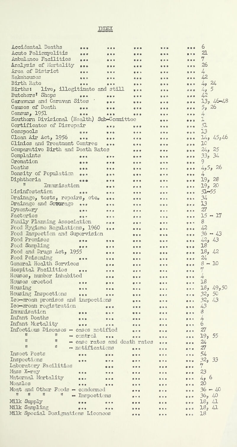 INDEX • » • » • • • • • « » • • • » « « « • • • • • « • • • • • • » • • • • • t t 1} • » 4 • 9 • » • C> « 9 4b « # t • * ^ Accidental Deaths Aerate Poliomyelitis Ambulance Facilities Analysis of Mortality Area of District Balcehouses Birth Rate Births; live^ illegitimate and still Butchers* Shops ••• ••• Caravans and Caravan Sites ' ••• Causes of Death Census, 1951 Southern Divisional (Health) Sub-Committee Certificates of Disrepair Cesspools «»( Clean Air Act, 1956 ••• •, Clinics and Treatment Centres ». Comparative Birth and Death Rates Complaints «.. •. Cremation Deaths Density of Population Diphtheria ” Immunisation Disinfestation « •.. Drainage, tests, repairs, etc* Drainage and Se^orago Dysentery Factories Family Planning Association Food Hygiene RogifLations, I960 Food Inspection and Supervision Food Promises Food Sampling •«« Food and Drugs Act, 1955 Pood Poisoning ••• General Health Services Hospital Facilities »*. Houses, number inhabited ••• Houses erected Housing Housing Inspections «•« Ice-cream promises and inspections Ice-cream registration •«« Immuirls ation • • • •,. Infant Deaths ••• Infant Mortality «,• Infectious Diseases - cases notified ” ” — control ... ••• ** ” — case rates and death rates — notifications ••• Insoct Pests •#<» ••• Inspections •*. ... Laboratory Facilities ••• ••• Mass X-ray ... ... ,,, Maternal Mortality ... Measles ... ... Meat and Other Foods — condonnod ” ” ” — Inspections Millc Supply Milk Sampling • • • • 9 9 • 4 « • 94 • 4 4 9 • « • • • • • • • • • • • 9 • 9 • • • • • • « 9 • • « « « 9 • 9 9 • 9 • 9 9 9 • • 99 9 9 9 • 9 9 • 9 * C C 9 9 9 9 9 9 9 9 9 9 9 9 9 • 9 9 9 9 9 9 9 9 9 9 9 9 9 9 9 9 9 9 9 0 9 9 9 9 9 9 9 9 « 9 9 9 • 9 C 9 9 9 9 9 9 9*9 • 9 • 9 9 9 9 9 9 9 9 9 • • 9 9*9 9 9 9 • 9 0 9 9 9 • 9 9 9 9 9 • 9 9 9 9 9 9 9 0 9 9 0 * 9 9 9 9 9 9 9 0 9 9 9 9 9 9 9 9 9 9 9 9 9 9 0 9 9 0 9*9 9 9 9 9 9 9 9 9 9 9 9 9 9 9 9 9 9 9 9 9 0 9 9 0 9 9 0 9 0 0 9*9 9 0 0 9 9 0 9 0 0 0 9 0 0 0 9 0 » 0 9 9* 0 9 9 9 9* • « 9 c 9 9 9 * • • * 9 9*9 0 9 0 9 9 0 0 9 0 9 9 0 9 9 * 9 * • 9 9 9 9 9 9 9 0 * 0 9 9 0 9 0 9 9 0 9 9 9 • c < 9 9 9 9 9 9 0 9 C 0 9 0 9 9 9 9 9 • <99 0 0 9 0 9 0 • « 9 0*9 • « 9 0 9 0 9 « 0 0 9 9 9 9 • 9 9 9 9*9 9 9 9 0 0 9 • 9 * 9 9 0 « 9 9 ■0 9 9 9 9 0 9*0 9 0 0 0 0 0 9 9 0 9*9 9 6 0 • 9 0 9 0 9 9 9 0 9*0 9 9 9 9*0 0 9 0 • * 0 9*9 9 0 0 0 0 « 9*0 9 » 9 9 9 0 9 • * 9 0 0 0 0 0 • * * 9*9 9 9 9 0 0 0 • 9 0 9 9 0 9 0 0 0 0 9 0 9 «* • • 9 9 * * 9*0 9 0 * 9 0 9 9 « 0 9 9 0 9 0 9 9 9 9 9 « 0 9*0 9 9 9 9 9 0 9 0 9 9*9 9 9 0 0*9 • 9 9 9 9 * 9 » 9 0 9 0 6 21 7 26 4- 42 4, 24 4, 5 42 13, 4^43 5, 26 4 1 51 13 14, 45,46 10 24, 25 33, 34 9 4,5, 26 4 19, 2S 19, 20 51'-55 34 13 27 15 - 17 8 42 36 - 43 42, 43 18 18, 42 24 8-10 7 4 18 18, 49,50 32, 50 32, 4.3 43 8 4 6 27 19, 55 24 27 54 32, 33 rf 23 4, 6 20 36 - 40 36, 40 18, 41 18, 41