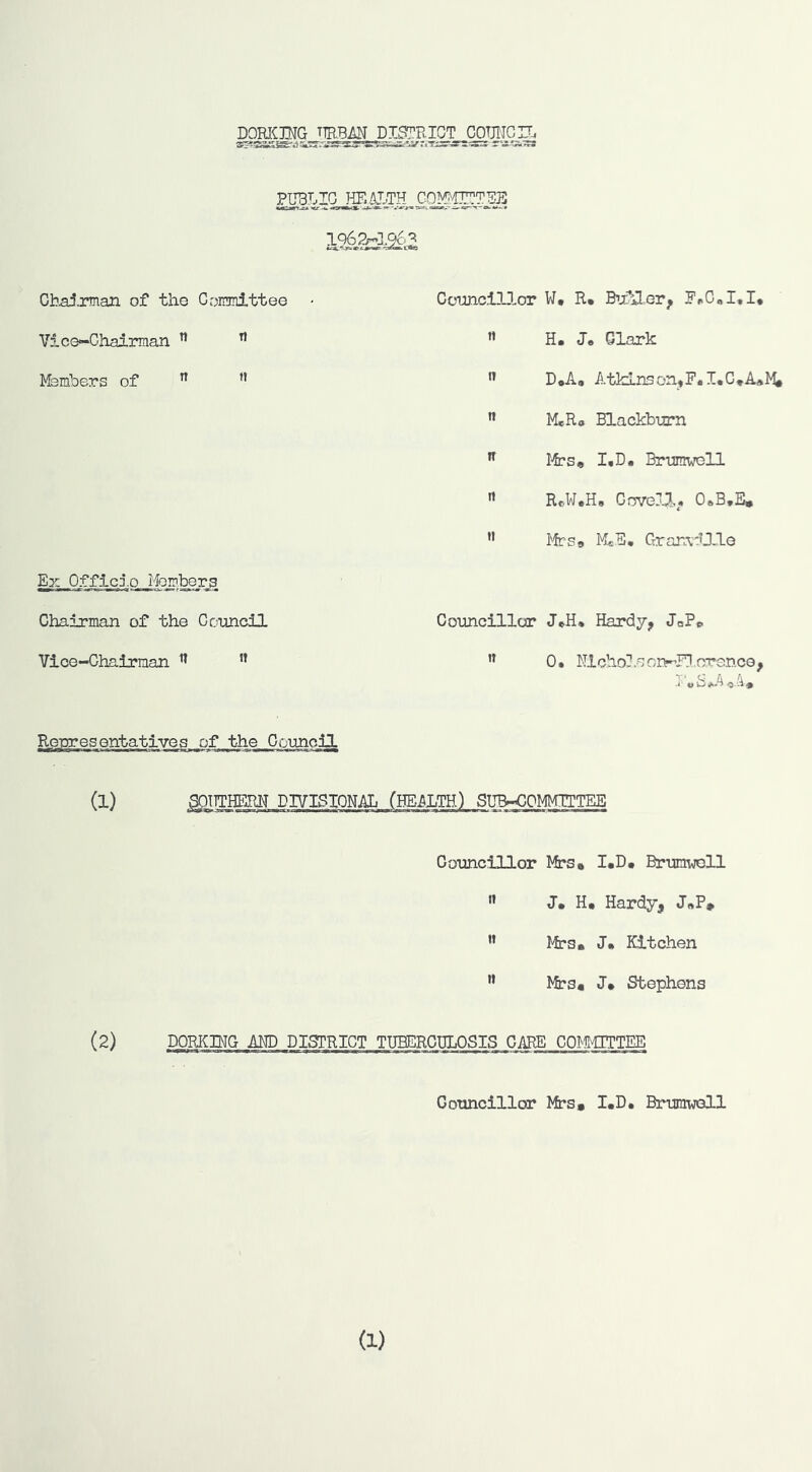 poRiayG TgM PUg^pxG Cq^gJSS •/;^‘L]ru^&.B«««r ■’sAm^tno Cb^TTnan of tlio Coimittee Vice-Chairman ” ^ Msirfoers of ” ” Er Officio Mom,berg Chairman of the Cr;uncil Vice-Chairman ^ ” ComciDnr W, R% SnSJ-Gr^ P*.C«I,I* ’» H. J. Clark ” D*A« Atkinson,F.I.C,AAl^ ” McR« Blackburn ^ I'frs* I.D. Brumwell ^ RcW«Ha CnVejJJ.a OaBaE* ” I'fr’So MeEa Gran\:U.lo Councillor JeH* Hardy, JoPp ” 0. Hicho3.eor>Fl.orence, T oSi>A o'-^* :;uncil (1) ^ITHERN DIVIglONAL fHEiilTH.) SUB-COMKITTEE li> .11 Wi MUiaawPiai—iiP<g»«JWail Ji»ni*-ni*ii«W n> —BMwfaiWrtTix Councillor Mrs* I*D, Brunrwell n J. H, Hardy, J«P* ” Mrs* J* Kitchen ” ^S?s« J* Stephens (2) DORICING MD DISTRICT TUBERCULOSIS CARE COMUTTEE Councillor Mrs, I.D. Brumwoll (1)