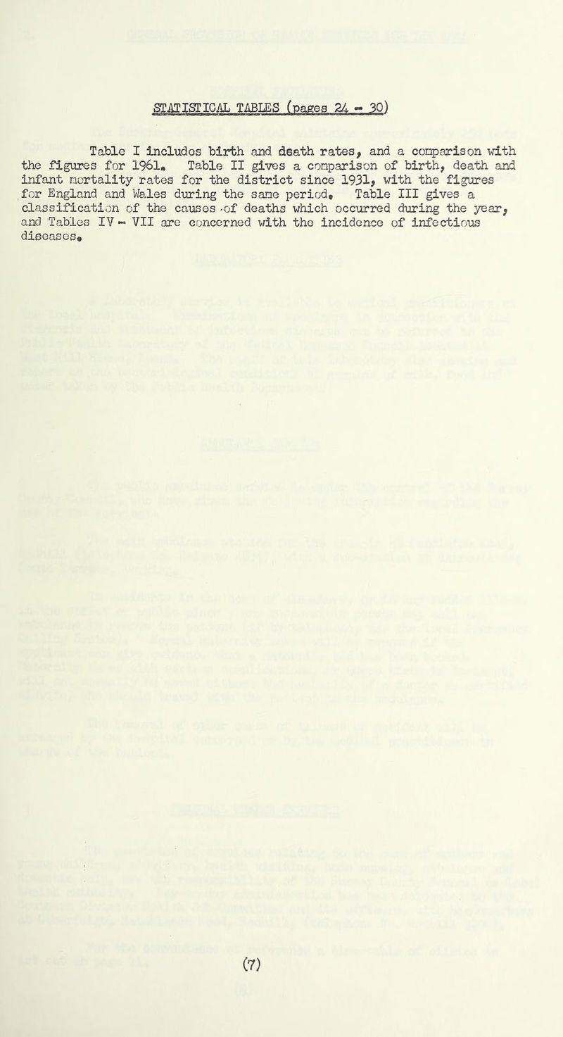 STiTIgriGAL TABLES bagea 24 - 30) Table I includes birth and death rates, and a cor^arison with the figures for 1961* Table II gives a conparison of birth, death and infant mortality rates for the district since 1931> with the figures for England and Wales during the sane period. Table III gives a classification of the causes -of deaths which occurred during the year, and Tables IV- VII are concerned v/ith the incidence of infectious diseases. (7)
