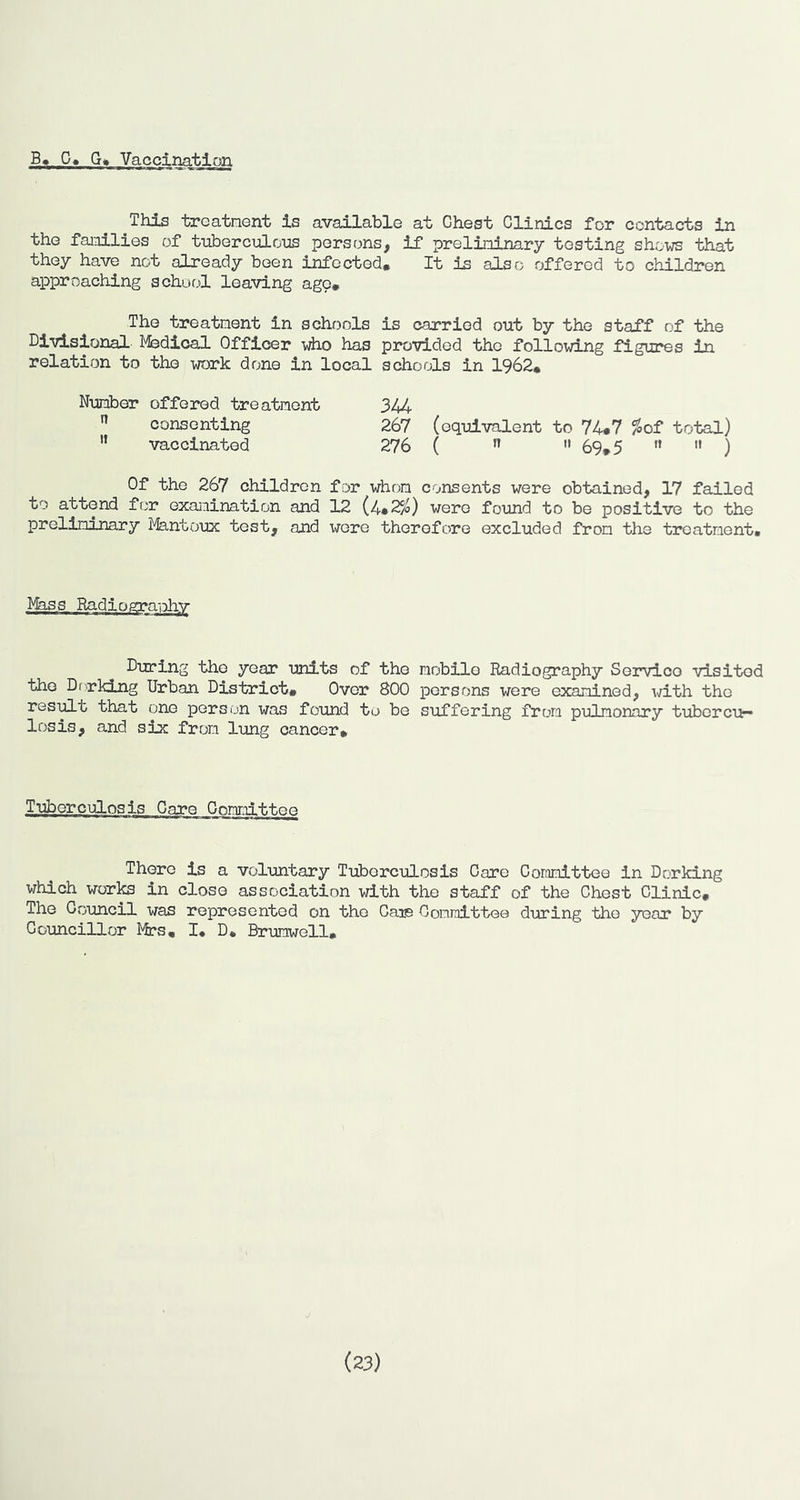 B, 0» G» Vaccination This treatment is available at Chest Clinics for contacts in the families of tuberculous persons, if preliminary testing shows that they have not already been infected. It is also offered to children approaching school leaving age. The treatment in schools is carried out by the staff of the Divisional Medical Officer who has provided the following figures in relation to the work done in local schools in 1962. Niamber offered treatment 3/1/, consenting 267 (equivalent to 74«7 %of total) ” vaccinated 276 ( n 11 n » ^ Of the 267 children for whom consents were obtained, 17 failed to attend for exaiiination and 12 were found to be positive to the preliminary Mantoux test, and iirere therefore excluded from the treatment. Mass RadiograiA-V During the year units of the mobile Radiography Service visited the Drrklng Urban District. Over 800 persons were examined, with the result that one person was found to be suffering from pulmonary tubercu- losis, and six from lung cancer. Tuberculosis Care Committee There is a voluntary Tuberculosis Care Committee in Dorking which works in close association with the staff of the Chest Clinic, The Council was represented on the Cais Committee dTiring the year by Councillor Mrs. I. D* Brumwell. (23)
