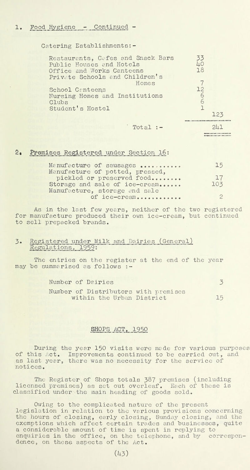 Catering Esta'blishinents;- Restaurants, Ccfes and Snack Bars 33 Put)lie Houses and Hotels 40 Office and Works Canteens 18 Private Schools and Children's Homes 7 School Ccnteeiis 12 Nursing Homes and Institutions 6 Cluhs 6 Student’s Hostel 1 123 Total 241 2• iPlc'emises Registered under Section 16: Manufacture of sausages ..., a .... 15 Manufacture of potted, pressed, pickled or preserved food.,o..... 1? Storage and sale of ice-cream,.o.o. 103 Manufacture, storage and sale of ice-cream.... 2 As in the last few years, neither of the two registered for manufacture produced their own ice-cream, hut continued to sell prepacked brands. 3• Registered under Milk and Dairies (General) The entries on the register at the end of the year may he summarised as follows :- Number of Dairies 3 Number of Distributors with premises within the Urban District 15 SHOPS ACTt.„ 19.5_Q During the year 150 visits were mode for various purposes of this J'xt. Improvements continued to be carried out, and as last year, there was no necessity for the service of notices. The Register of Shops totals 38? premises (including licensed premises) as set out overleaf. Each of these is classified under the main heading of goods sold. Owing to the complicated nature of the present legislation in relation to the various provisions concerning the hours of closing, early closing, Sunday closing, and the exemptions which affect certain trades and businesses, quite a considerable amount of time is spent in replying to enquiries in the office, on the telephone, and by correspon- dence, on these aspects of the Act. (43)