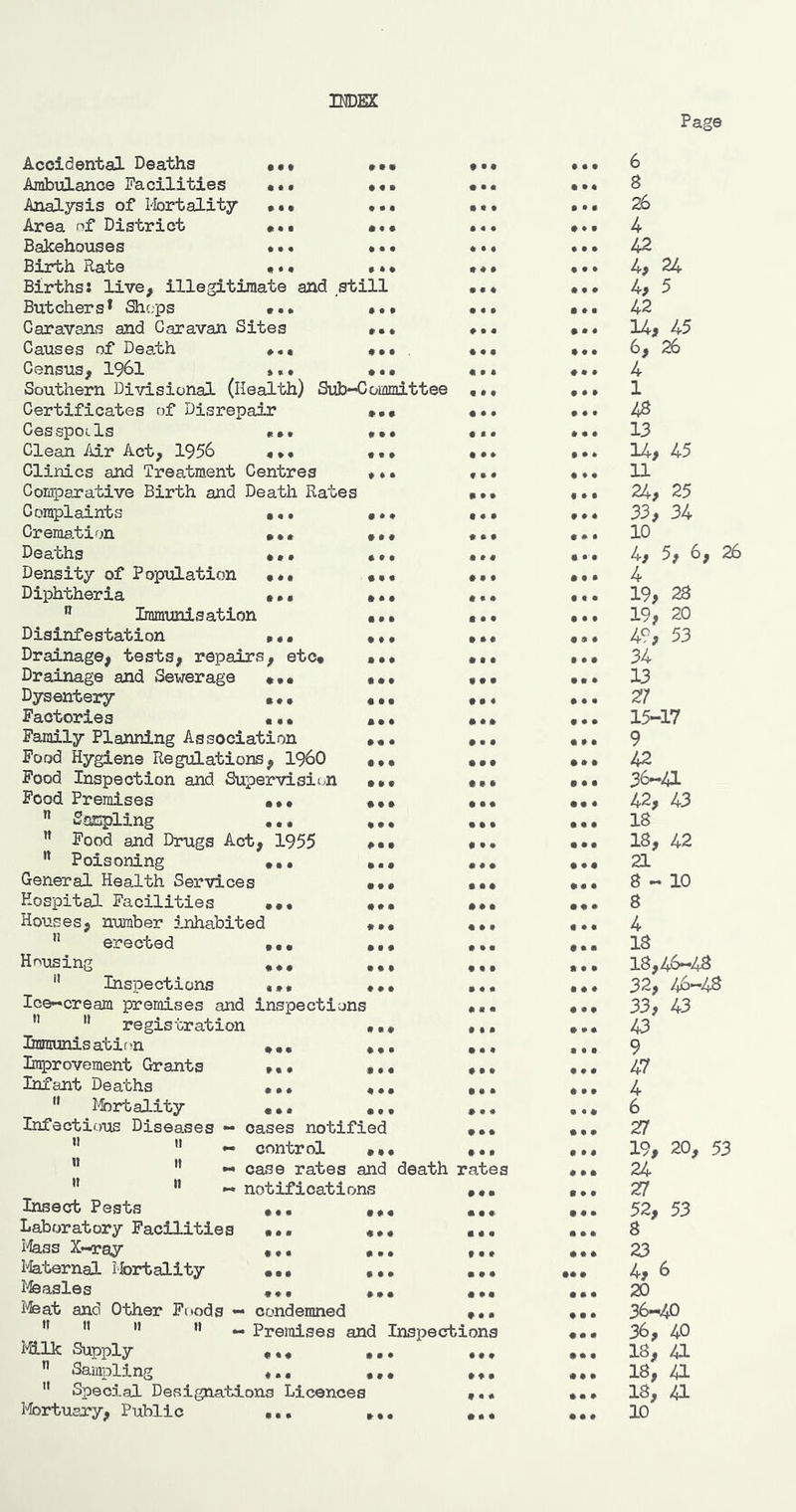 Page • • • • • • «t • • • • « * « • • « • • • * * • » • « t • • • Accidental Deaths Ambulance Facilities Analysis of I'brtality Area nf District Bakehouses Birth Rate Births: live, illegitimate and still Butchers* Shops ••• •• Caravans and Caravan Sites Causes of Dea,th Census, I96I Southern Divisional (Health) Sub-Committee Certificates of Disrepair Cesspotls Clean Air Act, 1956 «»• •• Clinics and Treatment Centres •* Comparative Birth and Death Rates Complaints Cremation Deaths Density of Population Diphtheria ” Immunisation Disinfestation »•• Drainage, tests, repairs, etc# Drainage and Sewerage Dysentery Factories Family Planning Association Food Hygiene Regulations, I960 Food Inspection and Supervisii>n Food Premises ” Sjsjspling ” Food and Drugs Act, 1955 ” Poisoning General Health Services Hospital Facilities ••• Houses, number inhabited erected Hnusing Inspections Ice-cream premises and inspections n 11 registration 3mnrunisatir>n Improvement Grants Infant Deaths Ibrtality Infectious Diseases — cases notified ” ” - control ••• ” ” case rates and death rates ” ” — notifications Insect Pests Laboratory Facilities I%ss X—ray llaternal ifortality Ibasles Ibat and Other Foods — condemned ” ” ” ” — Premises and Inspectio l^lk Supply ,,, Sampling ,,, '• Special Designations Licences Ibrtuary, Public ft • t ft • • ft • • ft • • ft ft ft ft ft ft • ft ft ft ft ft ft ft ft ft ft ft ft ft ft ft ft ft ft « ft ft ft ft ft ft ft ft ft ft ft ft ft ft ft ft ft ft ft ft ft ft ft ft ft ft ft ft ft ft ft ft ft ft ft ft ft ft ft ft ft ft ft# ft ft ftft ft ■ ft ft ft ft ft ft ft ft ft ft ft ft 3 ft ft ft ft ft ft ft ft ft ft ft ft ft ft ft ft ft ft ft • ft ft ftft ft ft ft ft ft ft ft ft >ns 6 8 26 4 42 4, 24 4, 5 42 14, 45 6, 26 4 1 4B 13 14, 45 11 24, 25 33, 34 10 4, 5, 6, 26 4 19, 28 19, 20 49, 53 34 13 27 15-17 9 42 36-4L 42, 43 18 18, 42 21 8-10 8 4 18 18,46-48 32, 46—4S 33, 43 43 9 47 4 6 27 19, 20, 53 24 27 52, 53 8 23 4, 6 2D 36—4D 36, 40 18, 41 18, 41 18, 41 10