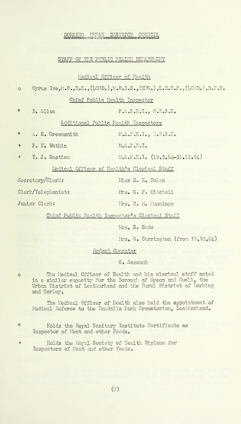 STAPF OF THE PUBLIC HEuILTE DETARTl-IElIT * Medical Officer of Health Cyrus Ive,M,B. jB.S., (LOUD.) ,M.R.G.S«, (KIG.) ,L.R.C,P., (LOITD.) ,D.P,H, Chief Public Health Inspector D. Allan F.A.P.H.T., M.R.S.K. Additional Public Health Inspectors A. E, Greensnith M.A.P.K.I., IRR.S.H, + P. N. Watldn MJi-.P.H.I. + T. J. Eustice M.A.P.R.I. (l9,5.64-31.12.64) Medical Officer of Health^s Clerical Staff Secretary/Clerk: Miss E. E, liolan Glerk/Telephonist; Mrs. G. F. Idtchell Junior Clerk; Mrs. B. M. Munnings Chief Public Health Insnector^s Clerical Staff Ml-Sc S. Eade Mi’S. G. Carrington (fron 19.10.64) Rodent Operator G. Anscomb 0 Ti'ie Medical Officer of Health and Ids clerical staff acted in a sinilar capacity for the Borough of Epsom and Evjell, the Urban District of Leatherhcad and the Rural District of Dorking and Horlej^c The Medical Officer of Health also held the appointment of Medical Referee to the Randalls Pork Crematorium, Leatherhead, ^ Holds the Royal Sanitor^r Institute Certificate as Inspector of Meat and other Foods. + Holds the Pioyol Society'' of Health Diploma for Inspectors of lieat and other Foods. (2)