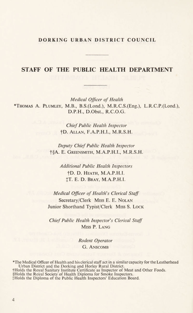 STAFF OF THE PUBLIC HEALTH DEPARTMENT Medical Officer of Health *Thomas a. Plumley, M.B., B.S.(Lond.), M.R.C.S.(Eng.), L.R.C.P.(Lond.), D.P.H., D.Obst., R.C.O.G. Chief Public Health Inspector ID. Allan, F.A.P.H.I., M.R.S.H. Deputy Chief Public Health Inspector t§A. E. Greensmith, M.A.P.H.I., M.R.S.H. Additional Public Health Inspectors ID. D. Heath, M.A.P.H.L tT. E. D. Bray, M.A.P.H.L Medical Officer of Health's Clerical Staff Secretary/Clerk Miss E. E. Nolan Junior Shorthand Typist/Clerk Miss S. Lock Chief Public Health Inspector's Clerical Staff Miss P. Lang Rodent Operator G. Anscomb *The Medical Officer of Health and his clerical staff act in a similar capacity for the Leatherhead Urban District and the Dorking and Horley Rural District. fHolds the Royal Sanitary Institute Certificate as Inspector of Meat and Other Foods. §Holds the Royal Society of Health Diploma for Smoke Inspectors, t Holds the Diploma of the Public Health Inspectors’ Education Board.