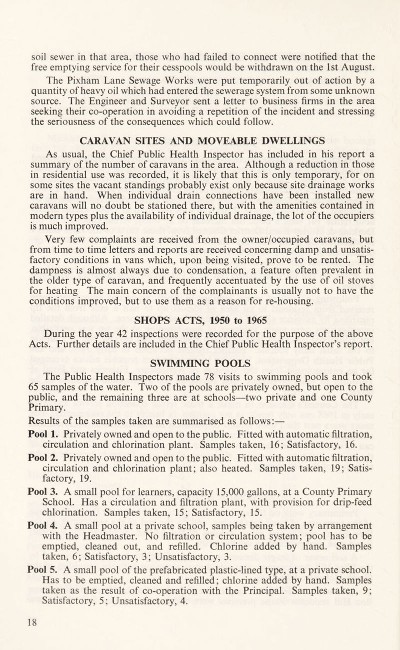 soil sewer in that area, those who had failed to connect were notified that the free emptying service for their cesspools would be withdrawn on the 1st August. The Pixham Lane Sewage Works were put temporarily out of action by a quantity of heavy oil which had entered the sewerage system from some unknown source. The Engineer and Surveyor sent a letter to business firms in the area seeking their co-operation in avoiding a repetition of the incident and stressing the seriousness of the consequences which could follow. CARAVAN SITES AND MOVEABLE DWELLINGS As usual, the Chief Public Health Inspector has included in his report a summary of the number of caravans in the area. Although a reduction in those in residential use was recorded, it is likely that this is only temporary, for on some sites the vacant standings probably exist only because site drainage works are in hand. When individual drain connections have been installed new caravans will no doubt be stationed there, but with the amenities contained in modern types plus the availability of individual drainage, the lot of the occupiers is much improved. Very few complaints are received from the owner/occupied caravans, but from time to time letters and reports are received concerning damp and unsatis- factory conditions in vans which, upon being visited, prove to be rented. The dampness is almost always due to condensation, a feature often prevalent in the older type of caravan, and frequently accentuated by the use of oil stoves for heating The main concern of the complainants is usually not to have the conditions improved, but to use them as a reason for re-housing. SHOPS ACTS, 1950 to 1965 During the year 42 inspections were recorded for the purpose of the above Acts. Further details are included in the Chief Public Health Inspector’s report. SWIMMING POOLS The Public Health Inspectors made 78 visits to swimming pools and took 65 samples of the water. Two of the pools are privately owned, but open to the public, and the remaining three are at schools—two private and one County Primary. Results of the samples taken are summarised as follows:— Pool 1. Privately owned and open to the public. Fitted with automatic filtration, circulation and chlorination plant. Samples taken, 16; Satisfactory, 16. Pool 2. Privately owned and open to the public. Fitted with automatic filtration, circulation and chlorination plant; also heated. Samples taken, 19; Satis- factory, 19. Pool 3. A small pool for learners, capacity 15,000 gallons, at a County Primary School. Has a circulation and filtration plant, with provision for drip-feed chlorination. Samples taken, 15; Satisfactory, 15. Pool 4. A small pool at a private school, samples being taken by arrangement with the Headmaster. No filtration or circulation system; pool has to be emptied, cleaned out, and refilled. Chlorine added by hand. Samples taken, 6; Satisfactory, 3; Unsatisfactory, 3. Pool 5. A small pool of the prefabricated plastic-lined type, at a private school. Has to be emptied, cleaned and refilled; chlorine added by hand. Samples taken as the result of co-operation with the Principal. Samples taken, 9; Satisfactory, 5; Unsatisfactory, 4.