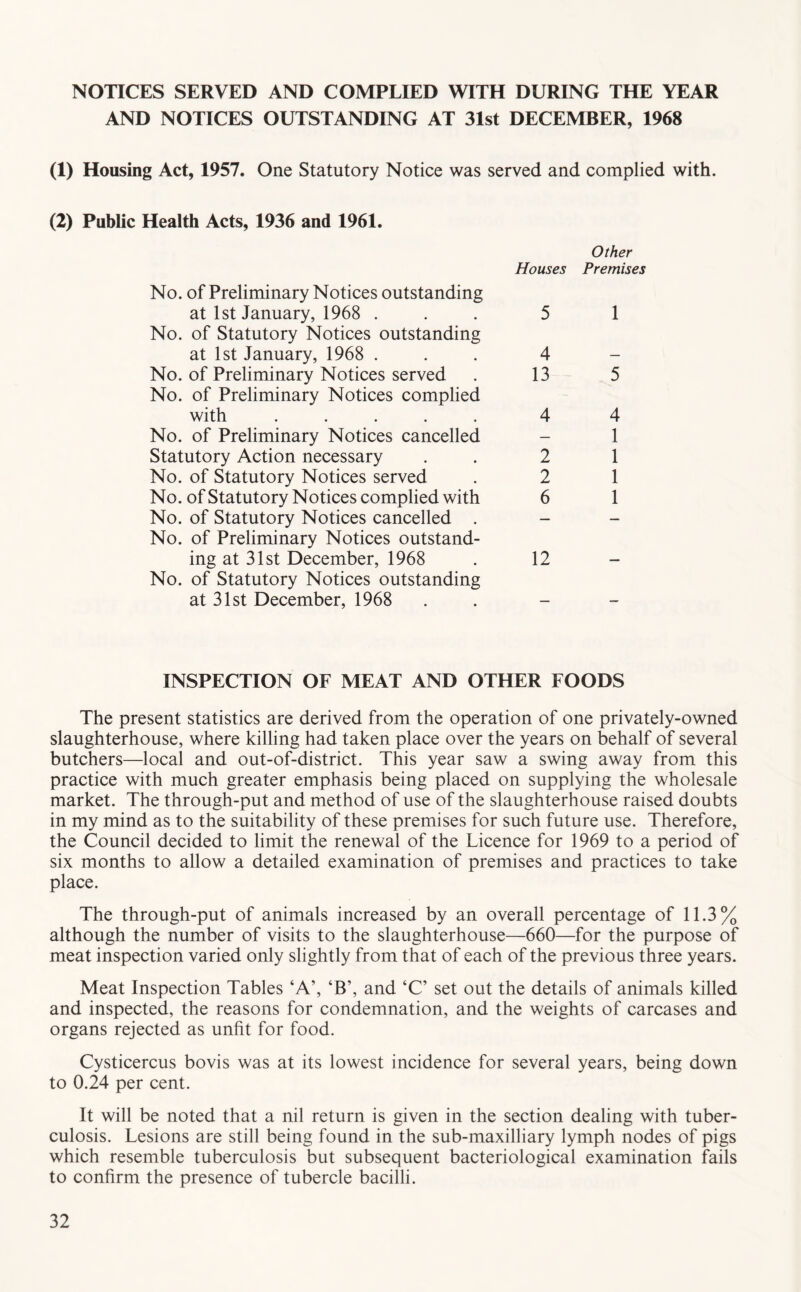 NOTICES SERVED AND COMPLIED WITH DURING THE YEAR AND NOTICES OUTSTANDING AT 31st DECEMBER, 1968 (1) Housing Act, 1957. One Statutory Notice was served and complied with. (2) Public Health Acts, 1936 and 1961. No. of Preliminary Notices outstanding at 1st January, 1968 . No. of Statutory Notices outstanding at 1st January, 1968 . No. of Preliminary Notices served No. of Preliminary Notices complied with ..... No. of Preliminary Notices cancelled Statutory Action necessary No. of Statutory Notices served No. of Statutory Notices complied with No. of Statutory Notices cancelled . No. of Preliminary Notices outstand- ing at 31st December, 1968 No. of Statutory Notices outstanding at 31st December, 1968 Other Houses Premises 5 1 4 13 4 2 2 6 5 4 1 1 1 1 12 INSPECTION OF MEAT AND OTHER FOODS The present statistics are derived from the operation of one privately-owned slaughterhouse, where killing had taken place over the years on behalf of several butchers—local and out-of-district. This year saw a swing away from this practice with much greater emphasis being placed on supplying the wholesale market. The through-put and method of use of the slaughterhouse raised doubts in my mind as to the suitability of these premises for such future use. Therefore, the Council decided to limit the renewal of the Licence for 1969 to a period of six months to allow a detailed examination of premises and practices to take place. The through-put of animals increased by an overall percentage of 11.3% although the number of visits to the slaughterhouse—660—for the purpose of meat inspection varied only slightly from that of each of the previous three years. Meat Inspection Tables ‘A’, ‘B’, and ‘C’ set out the details of animals killed and inspected, the reasons for condemnation, and the weights of carcases and organs rejected as unfit for food. Cysticercus bovis was at its lowest incidence for several years, being down to 0.24 per cent. It will be noted that a nil return is given in the section dealing with tuber- culosis. Lesions are still being found in the sub-maxilliary lymph nodes of pigs which resemble tuberculosis but subsequent bacteriological examination fails to confirm the presence of tubercle bacilli.