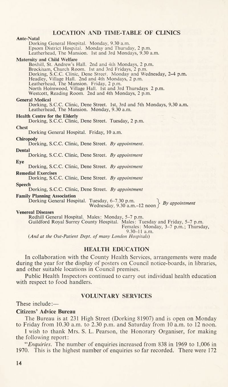 LOCATION AND TIME-TABLE OF CLINICS Ante-Natal Dorking General Hospital. Monday, 9.30 a.m. Epsom District Hospital. Monday and Thursday, 2 p.m. Leatherhead, The Mansion. 1st and 3rd Mondays, 9.30 a.m. Maternity and Child Welfare Boxhill, St. Andrew’s Hall. 2nd and 4th Mondays, 2 p.m. Brockham, Church Room. 1st and 3rd Fridays, 2 p.m. Dorking, S.C.C. Clinic, Dene Street. Monday and Wednesday, 2-4 p.m. Headley, Village Hall. 2nd and 4th Mondays, 2 p.m. Leatherhead, The Mansion. Friday, 2 p.m. North Holmwood, Village Hall. 1st and 3rd Thursdays 2 p.m. Westcott, Reading Room. 2nd and 4th Mondays, 2 p.m. General Medical Dorking, S.C.C. Clinic, Dene Street. 1st, 3rd and 5th Mondays, 9.30 a.m. Leatherhead, The Mansion. Monday, 9.30 a.m. Health Centre for the Elderly Dorking, S.C.C. Clinic, Dene Street. Tuesday, 2 p.m. Chest Dorking General Hospital. Friday, 10 a.m. Chiropody Dorking, S.C.C. Clinic, Dene Street. By appointment. Dental Dorking, S.C.C. Clinic, Dene Street. By appointment Eye Dorking, S.C.C. Clinic, Dene Street. By appointment Remedial Exercises Dorking, S.C.C. Clinic, Dene Street. By appointment Speech Dorking, S.C.C. Clinic, Dene Street. By appointment Family Planning Association Dorking General Hospital, Tuesday 6-7 30 p.m, \ By appoimmenl Wednesday, 9.30 a.m.-12 noon j Venereal Diseases Redhill General Hospital. Males: Monday, 5-7 p.m. Guildford Royal Surrey County Hospital. Males: Tuesday and Friday, 5-7 p.m. Females: Monday, 3-7 p.m.; Thursday, 9.30-11 a.m. {And at the Out-Patient Dept, of many London Hospitals) HEALTH EDUCATION In collaboration with the County Health Services, arrangements were made during the year for the display of posters on Council notice-boards, in libraries, and other suitable locations in Council premises. Public Health Inspectors continued to carry out individual health education with respect to food handlers. VOLUNTARY SERVICES These include:— Citizens’ Advice Bureau The Bureau is at 231 High Street (Dorking 81907) and is open on Monday to Friday from 10.30 a.m. to 2.30 p.m. and Saturday from 10 a.m. to 12 noon. I wish to thank Mrs. S. L. Pearson, the Honorary Organiser, for making the following report: Enquiries. The number of enquiries increased from 838 in 1969 to 1,006 in 1970. This is the highest number of enquiries so far recorded. There were 172