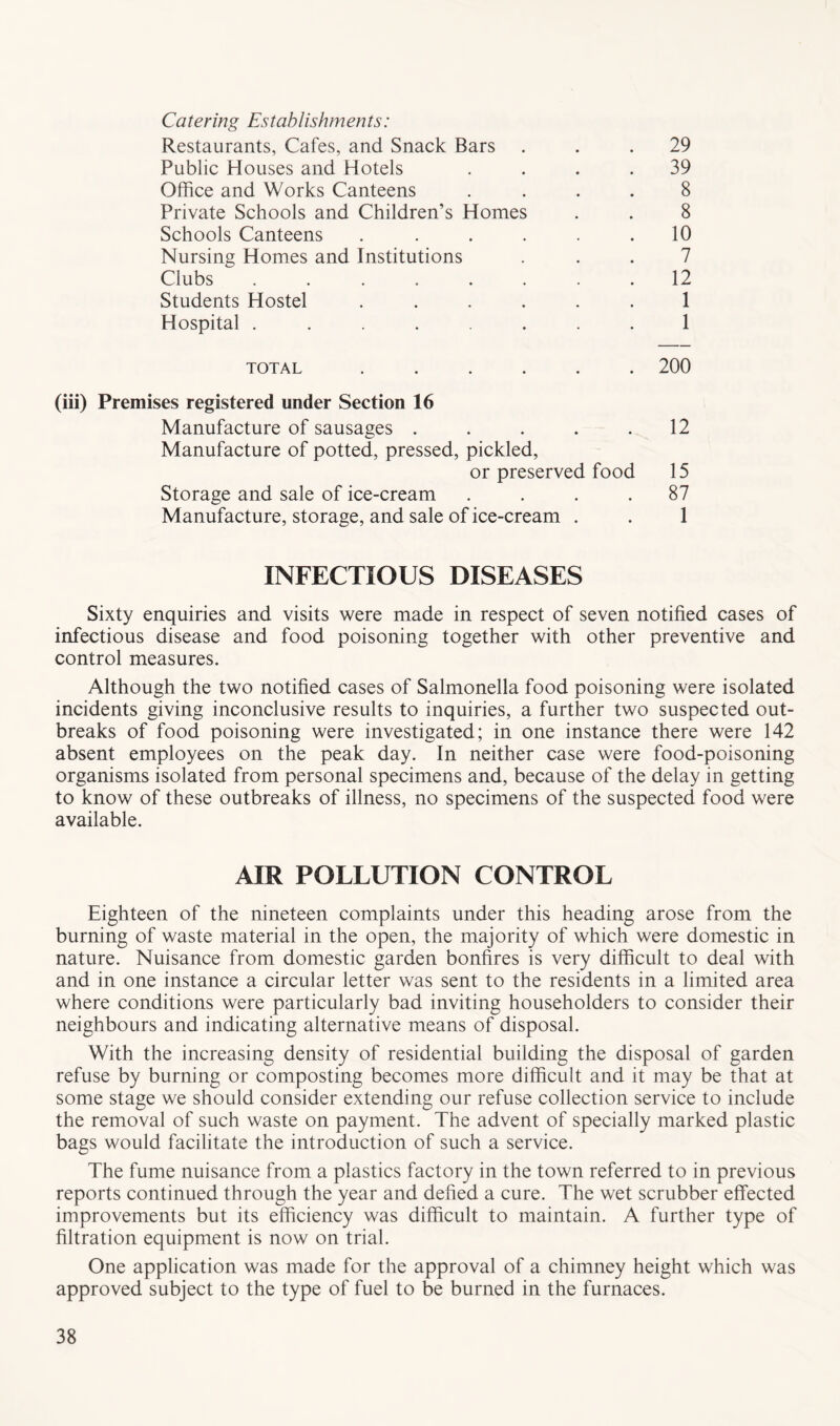 Catering Establishments: Restaurants, Cafes, and Snack Bars ... 29 Public Houses and Hotels .... 39 Office and Works Canteens .... 8 Private Schools and Children’s Homes . . 8 Schools Canteens ...... 10 Nursing Homes and Institutions ... 7 Clubs ........ 12 Students Hostel ...... 1 Hospital ........ 1 TOTAL ...... 200 (iii) Premises registered under Section 16 Manufacture of sausages . . . . .12 Manufacture of potted, pressed, pickled, or preserved food 15 Storage and sale of ice-cream .... 87 Manufacture, storage, and sale of ice-cream . . 1 INFECTIOUS DISEASES Sixty enquiries and visits were made in respect of seven notified cases of infectious disease and food poisoning together with other preventive and control measures. Although the two notified cases of Salmonella food poisoning were isolated incidents giving inconclusive results to inquiries, a further two suspected out- breaks of food poisoning were investigated; in one instance there were 142 absent employees on the peak day. In neither case were food-poisoning organisms isolated from personal specimens and, because of the delay in getting to know of these outbreaks of illness, no specimens of the suspected food were available. AIR POLLUTION CONTROL Eighteen of the nineteen complaints under this heading arose from the burning of waste material in the open, the majority of which were domestic in nature. Nuisance from domestic garden bonfires is very difficult to deal with and in one instance a circular letter was sent to the residents in a limited area where conditions were particularly bad inviting householders to consider their neighbours and indicating alternative means of disposal. With the increasing density of residential building the disposal of garden refuse by burning or composting becomes more difficult and it may be that at some stage we should consider extending our refuse collection service to include the removal of such waste on payment. The advent of specially marked plastic bags would facilitate the introduction of such a service. The fume nuisance from a plastics factory in the town referred to in previous reports continued through the year and defied a cure. The wet scrubber effected improvements but its efficiency was difficult to maintain. A further type of filtration equipment is now on trial. One application was made for the approval of a chimney height which was approved subject to the type of fuel to be burned in the furnaces.