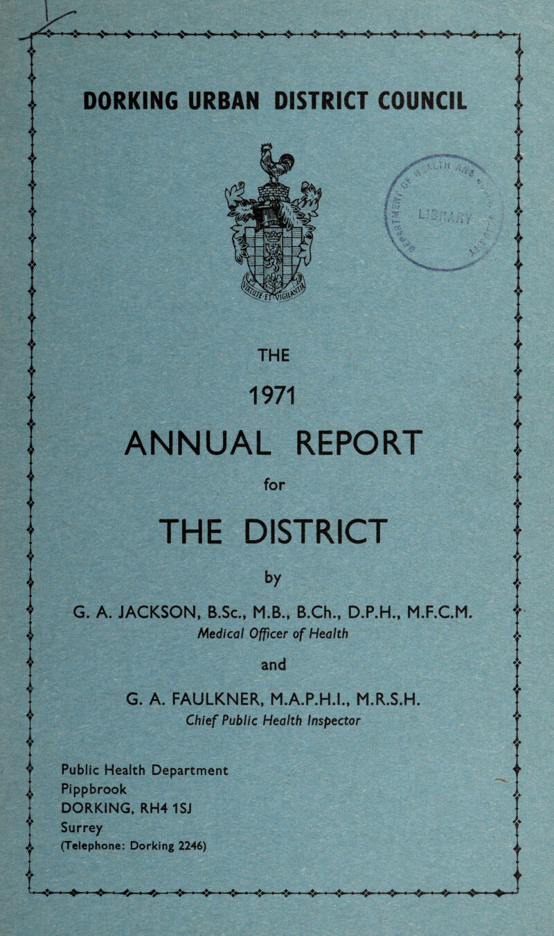 DORKING URBAN DISTRICT COUNCIL ] T 9 y THE 1971 ANNUAL REPORT for THE DISTRICT by G. A. JACKSON, B.Sc, M.B.. B.Ch., D.P.H., M.F.CM. Medical Officer of Health and G. A. FAULKNER, M.A.P.H.L, M.R.S.H. Chief Public Health Inspector Public Health Department Pippbrook DORKING, RH41SJ Surrey (Telephone: Dorking 2246) 4* * ■<> * •>-