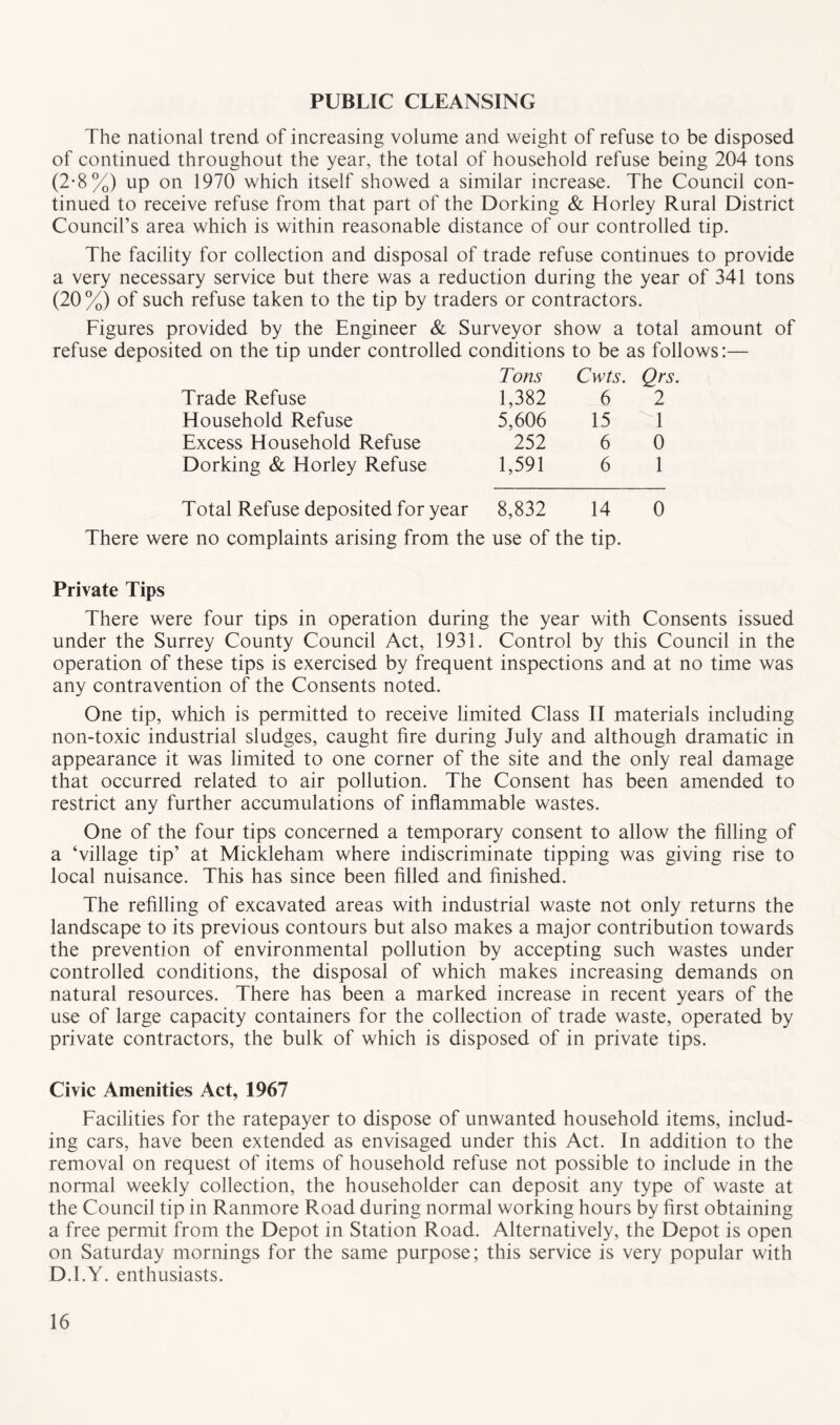 PUBLIC CLEANSING The national trend of increasing volume and weight of refuse to be disposed of continued throughout the year, the total of household refuse being 204 tons (2-8%) up on 1970 which itself showed a similar increase. The Council con- tinued to receive refuse from that part of the Dorking & Horley Rural District Council’s area which is within reasonable distance of our controlled tip. The facility for collection and disposal of trade refuse continues to provide a very necessary service but there was a reduction during the year of 341 tons (20%) of such refuse taken to the tip by traders or contractors. Figures provided by the Engineer & Surveyor show a total amount of refuse deposited on the tip under controlled conditions to be as follows:— Trade Refuse Tons 1,382 Cwts. 6 Qrs. 2 Household Refuse 5,606 15 1 Excess Household Refuse 252 6 0 Dorking & Horley Refuse 1,591 6 1 Total Refuse deposited for year 8,832 14 0 There were no complaints arising from the use of the tip. Private Tips There were four tips in operation during the year with Consents issued under the Surrey County Council Act, 1931. Control by this Council in the operation of these tips is exercised by frequent inspections and at no time was any contravention of the Consents noted. One tip, which is permitted to receive limited Class II materials including non-toxic industrial sludges, caught fire during July and although dramatic in appearance it was limited to one corner of the site and the only real damage that occurred related to air pollution. The Consent has been amended to restrict any further accumulations of inflammable wastes. One of the four tips concerned a temporary consent to allow the filling of a ‘village tip’ at Mickleham where indiscriminate tipping was giving rise to local nuisance. This has since been filled and finished. The refilling of excavated areas with industrial waste not only returns the landscape to its previous contours but also makes a major contribution towards the prevention of environmental pollution by accepting such wastes under controlled conditions, the disposal of which makes increasing demands on natural resources. There has been a marked increase in recent years of the use of large capacity containers for the collection of trade waste, operated by private contractors, the bulk of which is disposed of in private tips. Civic Amenities Act, 1967 Facilities for the ratepayer to dispose of unwanted household items, includ- ing cars, have been extended as envisaged under this Act. In addition to the removal on request of items of household refuse not possible to include in the normal weekly collection, the householder can deposit any type of waste at the Council tip in Ranmore Road during normal working hours by first obtaining a free permit from the Depot in Station Road. Alternatively, the Depot is open on Saturday mornings for the same purpose; this service is very popular with D.I.Y. enthusiasts.