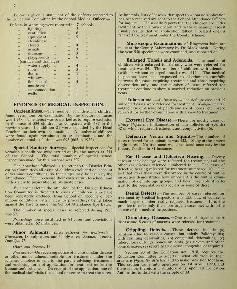 Below is given a statement of the defects reported to the Education Committee by the School Medical Officer:— Defects in warming were reported in 7 schools. » c> o »» , ventilation ,, M M 6 li 11 , equipment ,, 1 * 5 11 , cleanliness ,, 11 1 11 , closets ,, 11 4 11 , urinals ,, ? I 3 11 , drainage ,, » 1 3 11 , playgrounds }1 6 11 (surface and drainage) , water supply ,, M 4 11 , roofs ,, 11 3 11 , doors ,, M 1 1» , windows „ > » 1 11 , floor boards ,, 11 4 11 , unsafe exits ,, 11 1 11 , accommodation 11 1 11 . walls ,, 11 1 11 FINDINGS OF MEDICAL INSPECTION. Uncleanliness.—The number of individual children found verminous on examination by the doctors or nurses was 1,248. The defect was so marked as to require exclusion in the case of 584 children, as compared with 582 in the previous year. In addition 21 were excluded by the Head Teachers on their own examination. A number of children were found again verminous on re-examination, and the number of actual exclusions was 695 (665 in 1922). Special Sanitary Surveys,—Special inspections for verminous conditions were carried out by the nurses at 244 of the Schools. The total number of special school inspections made for this purpose was 529. The procedure followed is to refer to the District Edu- cation Committees all cases of children excluded on account of verminous conditions, so that steps may be taken by the Attendance Officer to ensure their early return to school, and with a view to prosecution in obstinate cases. By a special letter the attention of the District Educa- tion Committee is directed to cases of children who have been repeatedly excluded from School on account of ver- minous conditions with a view to proceedings being taken against the Parents under the School Attendance Bye-Laws. The number of special cases so referred during 1923 was 57. Proceedings were instituted in 81 cases, and convictions were obtained in 62 instances. Minor Ailments.—Cases referred for treatment:— Ringworm, 18 scalp cases, and 4 body cases. Scabies, 11 cases. Impetigo, 75. Other skin diseases, 15. Procedure:—On receiving notice of a case of skin disease or other minor ailment suitable for treatment under the scheme, a notice is sent to the parent advising treatment, and enclosing form of application for treatment under the Committee’s scheme. On receipt of the application, one of the medical staff visits the school or centre to treat the cases. At intervals, lists of cases with respect to whom no application has been received are sent to the School Attendance Officers for inquiry. He usually reports that the children are under treatment by their own doctor, and in the remaining cases it usually results that an application (albeit a belated one) is received for treatment under the County Scheme. Microscopic Examinations of Ringworm hairs are made at the County Laboratory by Dr. Mackintosh. During the year 530 specimens were examined, and reported on. Enlarged Tonsils and Adenoids.—The number of children with enlarged tonsils only who were referred for treatment was 84. The number of children with adenoids (with or without enlarged tonsils) was 212. The medical inspectors have been requested to discriminate carefully between the cases requiring treatment and those requiring observation only, and the number of cases referred for treatment continue to shew a marked reduction on previous years. Tuberculosis.—Pulmonary.— One definite case and 15 suspected cases were referred for treatment. Non-pulmonary. —One case of disease of glands and six of bones, etc., were referred for further examination with a view to treatment. External Eye Disease—These are mostly cases of ciliary blepharitis (inflammation of hair follicles of eyelids) 42 of which required treatment, and conjunctivitis (6). Defective Vision and Squint.—The number of cases referred for examination was 432. Many of these were slight cases. No treatment was considered necessary by the County Oculists in 81 instances. Ear Disease and Defective Hearing. — Twenty cases of ear discharge were referred for treatment, and the other ear diseases referred numbered four. The cases of defective hearing referred for treatment numbered 40. The fact that 28 of these were discovered in the course of routine inspection demonstrates how important is the routine exam- ination of definite age groups, and how unreliable it is to trust to the presentation of specials in some of these. Dental Defects.—The number of cases referred for treatment by Medical Inspectors was 123, but, of course, a much larger number really required treatment. It is the practice to refer only the more urgent cases met with in the course of the medical inspections. Circulatory Diseases.—One case of organic heart disease and 5 cases of anaemia were referred for treatment. Crippling Defects. — These defects include (a) paralysis (due to various causes, but chiefly Poliomyelitis) with resulting deformities, (b) congenital deformities, (c) tuberculosis of lungs, bones, or joints, (d) rickets and other bone diseases, (e) severe heart disease, congenital or acquired. Section 20 of the Education Act, 1918, requires the Education Committee to ascertain what children in their area are physically defective and to make provision for them. This section came into operation on 1st April, 1920, and there is now therefore a statutory duty upon all Education Authorities to deal with the cripple child.