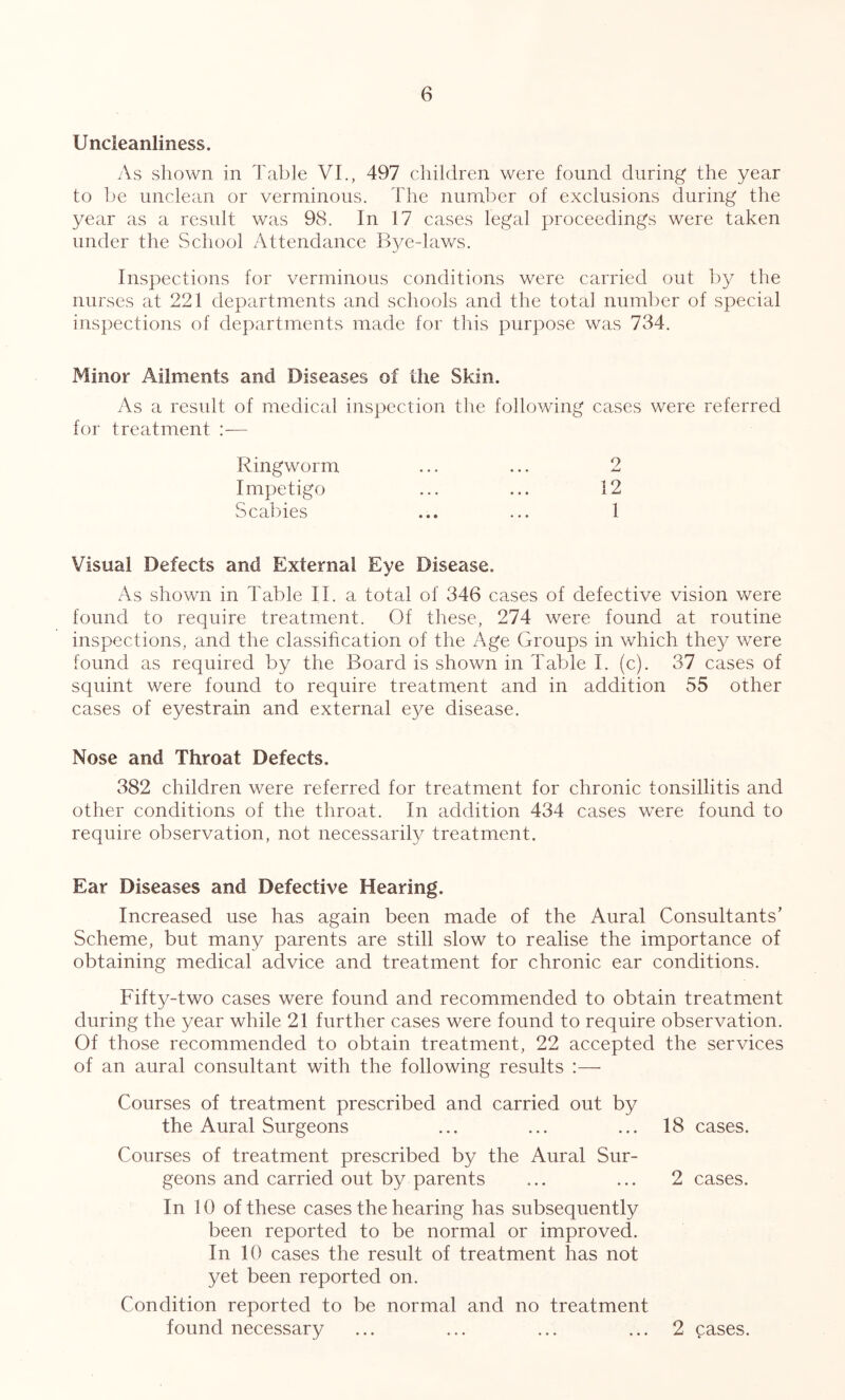 Uncleanliness. As shown in Table VI., 497 children were found during the year to be unclean or verminous. The number of exclusions during the year as a result was 98. In 17 cases legal proceedings were taken under the School Attendance B^/e-lav/s. Inspections for verminous conditions were carried out by the nurses at 221 departments and schools and the total number of special inspections of departments made for this purpose was 734. Minor Ailments and Diseases of the Skin. As a result of medical inspection the following cases were referred for treatment :— Ringworm ... ... 2 Impetigo ... ... 12 Scabies ... ... 1 Visual Defects and External Eye Disease. As shown in Table II. a total of 346 cases of defective vision were found to require treatment. Of these, 274 were found at routine inspections, and the classihcation of the Age Groups in which they were found as required by the Board is shown in Table I. (c). 37 cases of squint were found to require treatment and in addition 55 other cases of eyestrain and external eye disease. Nose and Throat Defects. 382 children were referred for treatment for chronic tonsillitis and other conditions of the throat. In addition 434 cases were found to require observation, not necessarily treatment. Ear Diseases and Defective Hearing. Increased use has again been made of the Aural Consultants’ Scheme, but many parents are still slow to realise the importance of obtaining medical advice and treatment for chronic ear conditions. Fifty-two cases were found and recommended to obtain treatment during the year while 21 further cases were found to require observation. Of those recommended to obtain treatment, 22 accepted the services of an aural consultant with the following results :— Courses of treatment prescribed and carried out by the Aural Surgeons ... ... ... 18 cases. Courses of treatment prescribed by the Aural Sur- geons and carried out by parents ... ... 2 cases. In 10 of these cases the hearing has subsequently been reported to be normal or improved. In 10 cases the result of treatment has not yet been reported on. Condition reported to be normal and no treatment found necessary ... ... ... ... 2 cases.