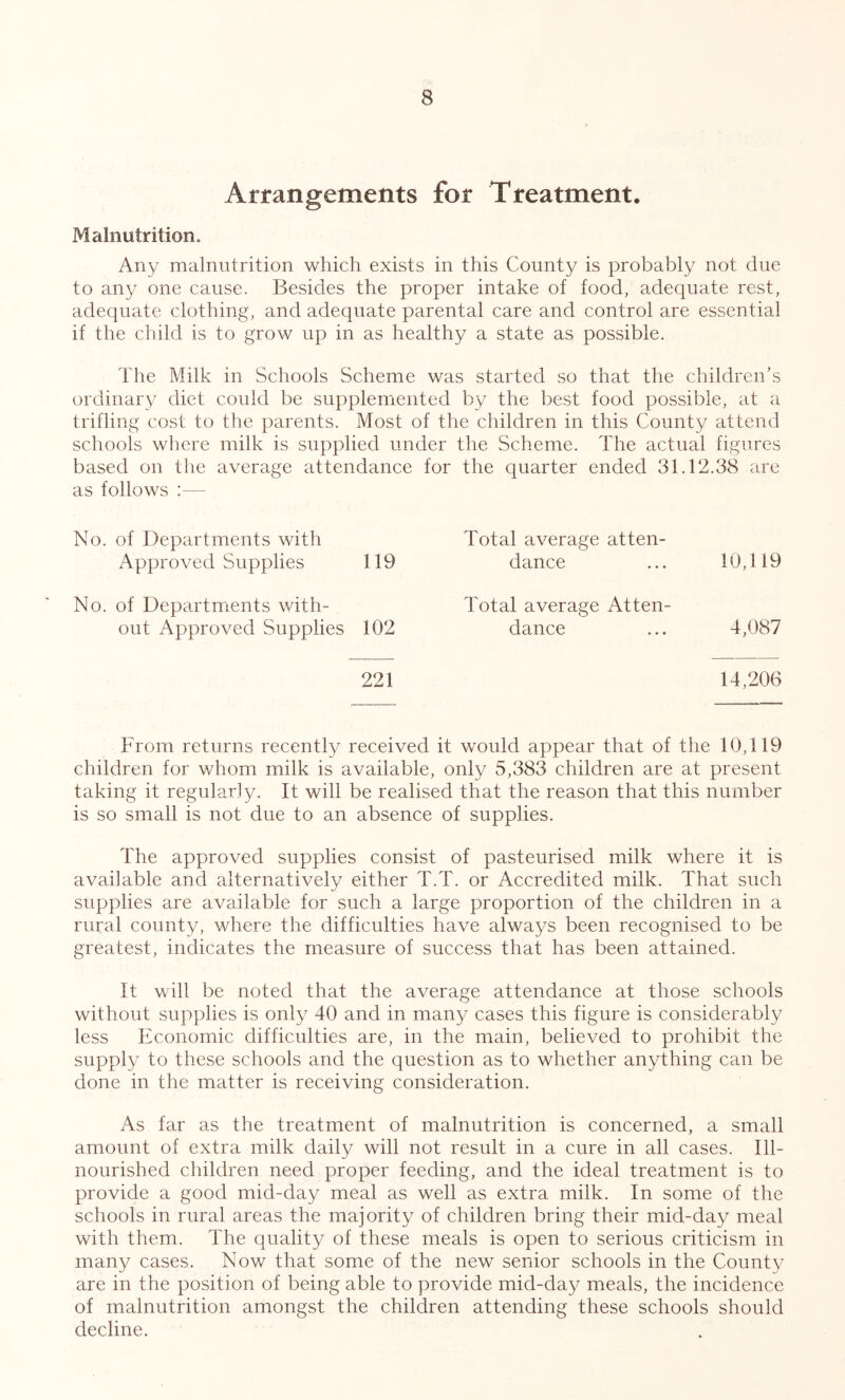 Arrangements for Treatment. Malnutrition. Any malnutrition which exists in this County is probably not due to aii};^ one cause. Besides the proper intake of food, adequate rest, adequate clothing, and adequate parental care and control are essential if the child is to grow up in as healthy a state as possible. The Milk in Schools Scheme was started so that the children's ordinary diet could be supplemented by the best food possible, at a trifling cost to the parents. Most of the children in this County attend schools where milk is supplied under the Scheme. The actual figures based on the average attendance for the quarter ended 31.12.38 are as follows :— No. of Departments with Approved Supplies 119 No. of Departments with- out Approved Supplies 102 221 Total average atten- dance ... 10,119 Total average Atten- dance ... 4,087 14,206 From returns recently received it would appear that of the 10,119 children for whom milk is available, only 5,383 children are at present taking it regularly. It will be realised that the reason that this number is so small is not due to an absence of supplies. The approved supplies consist of pasteurised milk where it is available and alternatively either T.T. or Accredited milk. That such supplies are available for such a large proportion of the children in a rural county, where the difficulties have always been recognised to be greatest, indicates the measure of success that has been attained. It will be noted that the average attendance at those schools without supplies is only 40 and in many cases this figure is considerably less Economic difficulties are, in the main, believed to prohibit the supply to these schools and the question as to whether anything can be done in the matter is receiving consideration. As far as the treatment of malnutrition is concerned, a small amount of extra milk daily will not result in a cure in all cases. Ill- nourished children need proper feeding, and the ideal treatment is to provide a good mid-day meal as well as extra milk. In some of the schools in rural areas the majority of children bring their mid-day meal with them. The quality of these meals is open to serious criticism in many cases. Now that some of the new senior schools in the Count}^ are in the position of being able to provide mid-day meals, the incidence of malnutrition amongst the children attending these schools should decline.